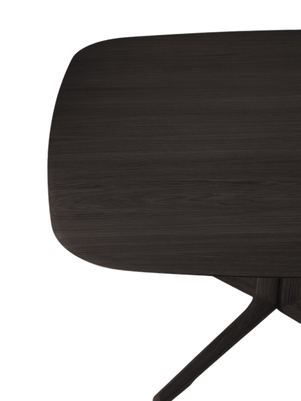 Ethnicraft Corto Dining Table detail, focusing on the smooth, rounded edge of the dark brown oak square tabletop, revealing the premium wood texture and craftsmanship.