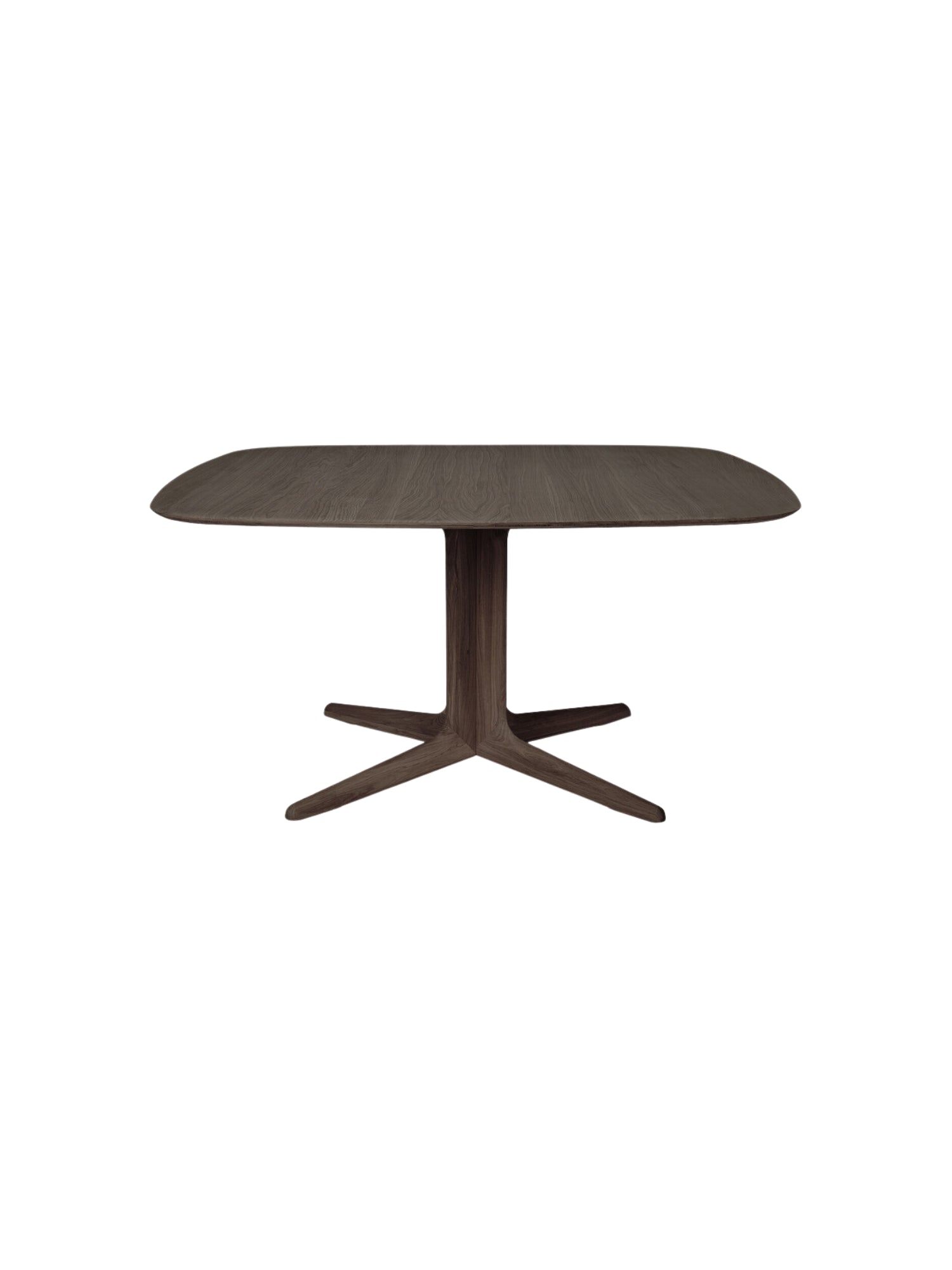 Ethnicraft Corto Dining Table in dark brown oak, front view, highlighting its elegant square top with subtle curves and the distinctive, sturdy four-pronged pedestal base on a white background.