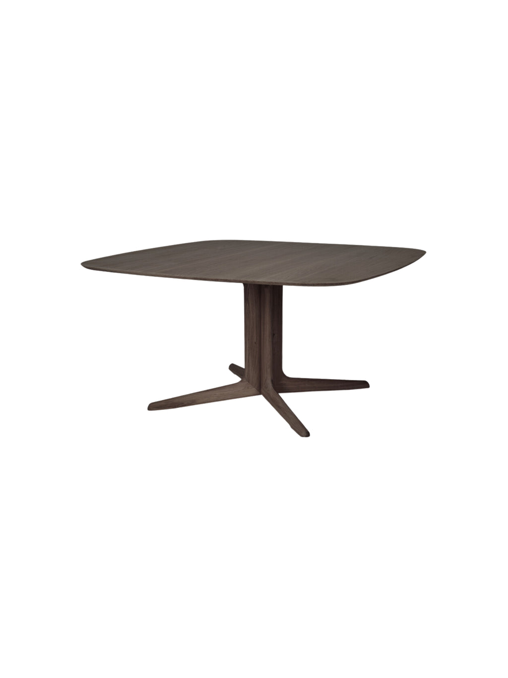 Ethnicraft Corto Dining Table in dark brown oak, featuring a square top with softly rounded corners and a unique, sculptural four-legged pedestal base, displayed on a clean white background.