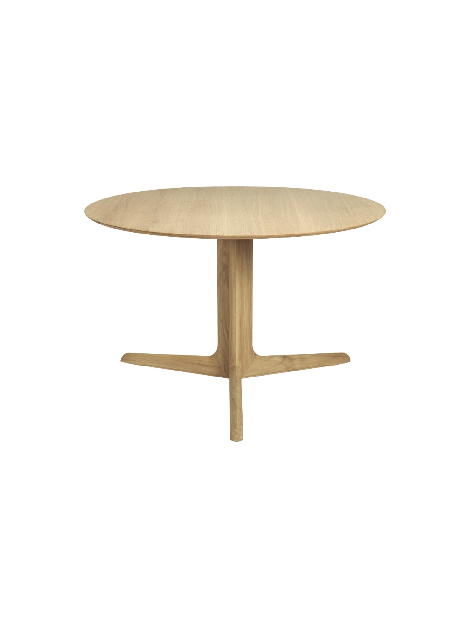 Ethnicraft Corto Dining Table, round oak version, showcasing its smooth, natural wood finish and a distinctive three-legged pedestal base, displayed on a white background.