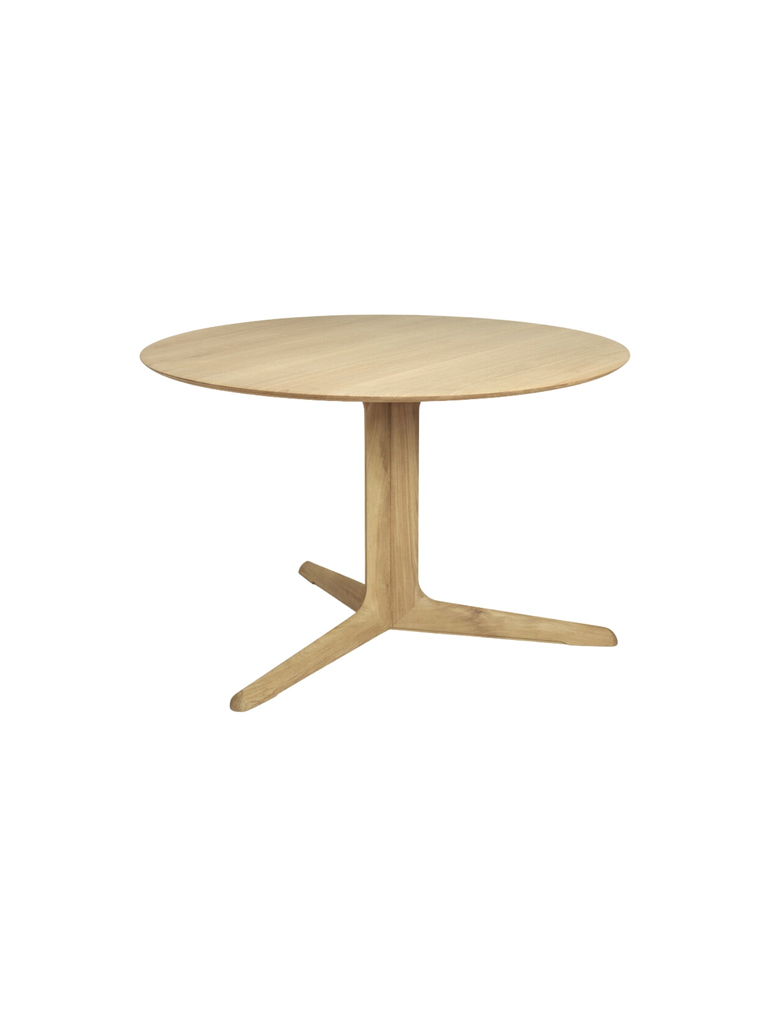 Ethnicraft Corto Dining Table, round oak version, featuring a smooth, light-toned wooden surface and a unique three-pronged pedestal base, displayed on a white background.