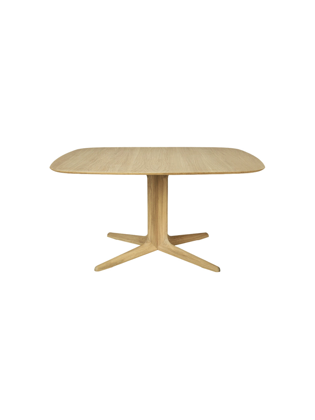 Ethnicraft Corto Dining Table, square oak version, featuring a smooth, light-toned wooden surface and a unique four-pronged pedestal base, displayed on a white background.