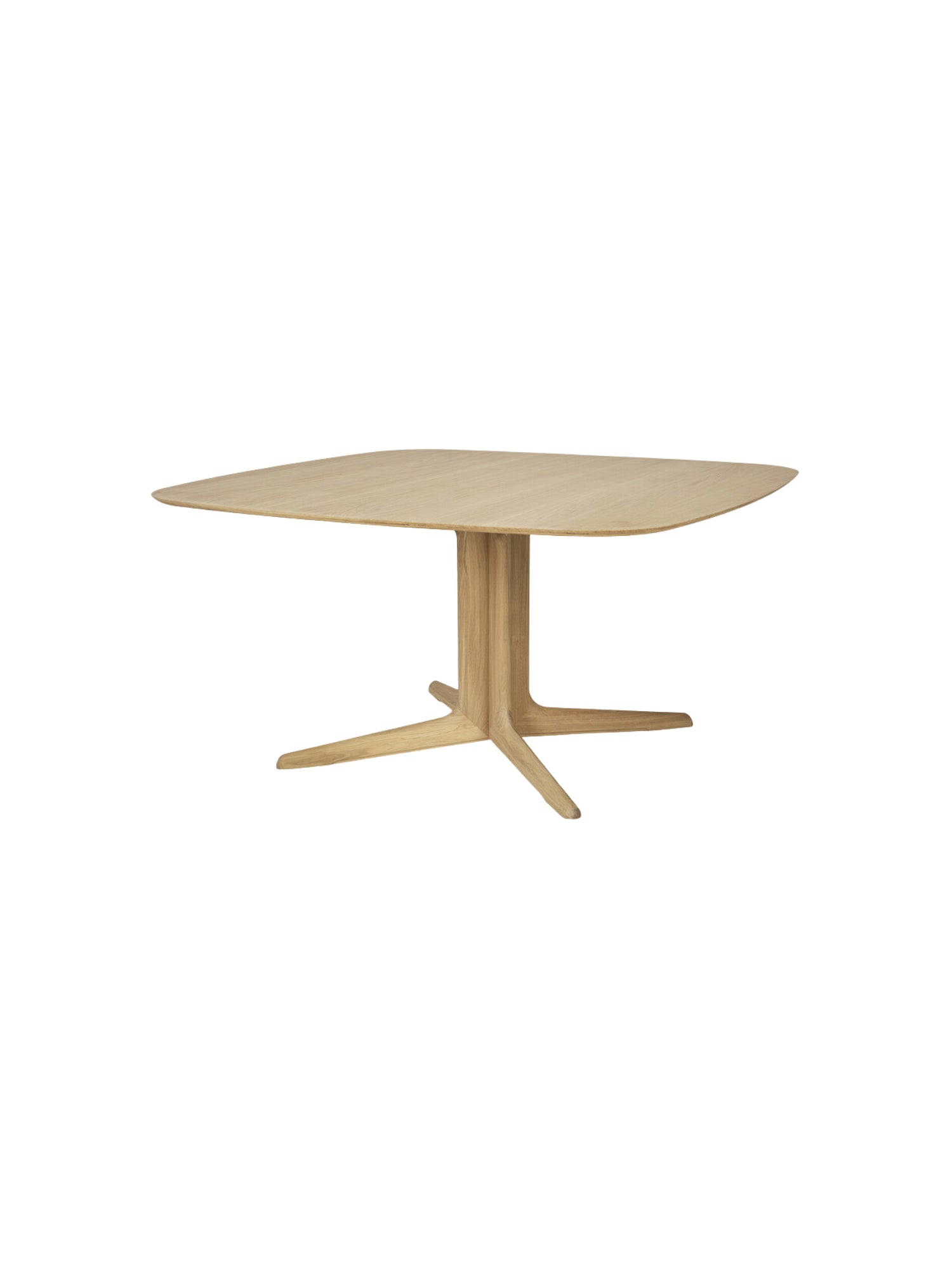 Ethnicraft Corto Dining Table in natural light oak, featuring a square top with gently rounded corners and a unique, sculptural four-legged pedestal base, displayed on a clean white background.