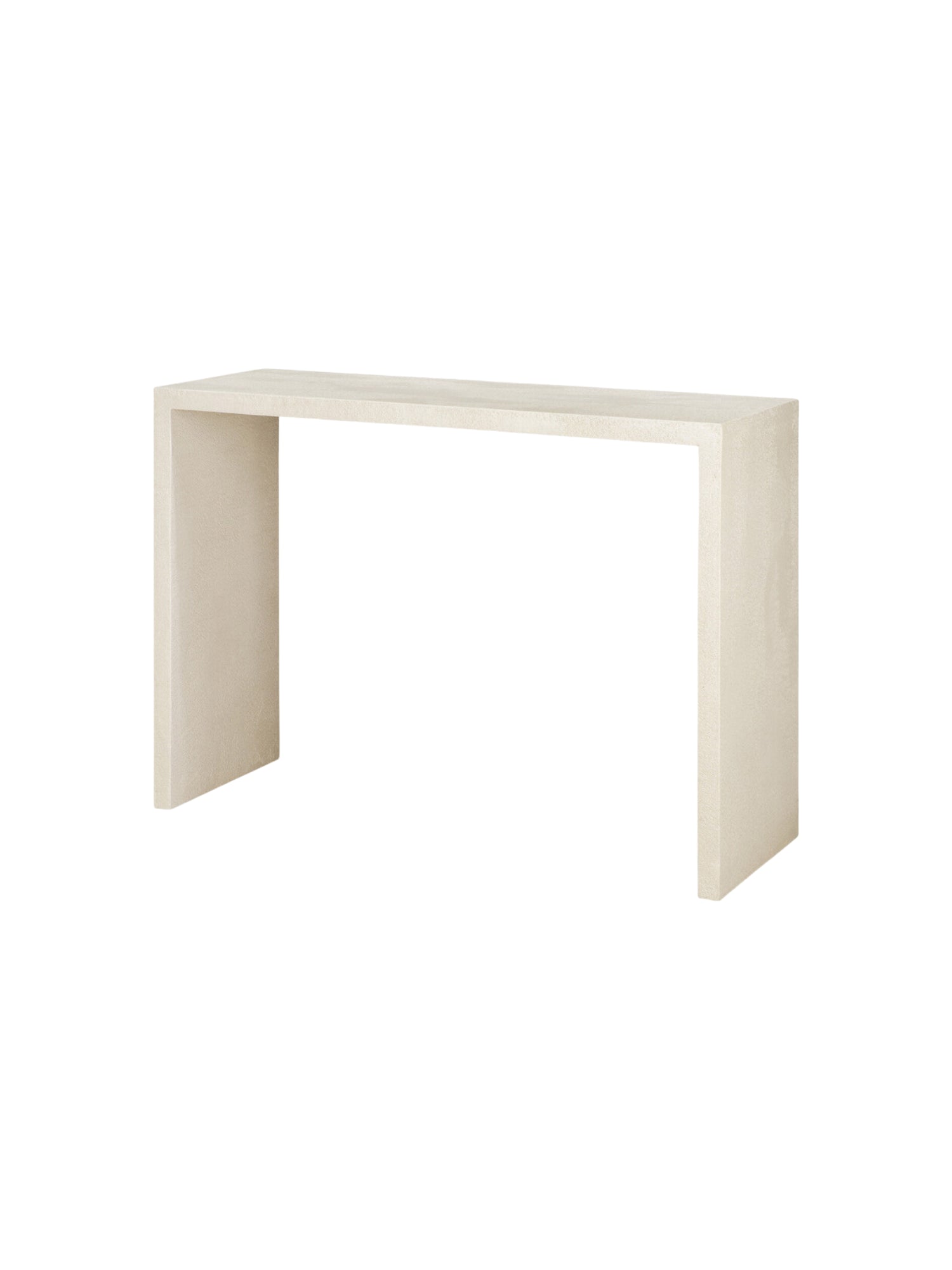 Ethnicraft Elements Console, a modern and minimalist console table, shown from a side angle. It features a light beige microcement finish with a subtle, textured pattern, displayed on a clean white background.