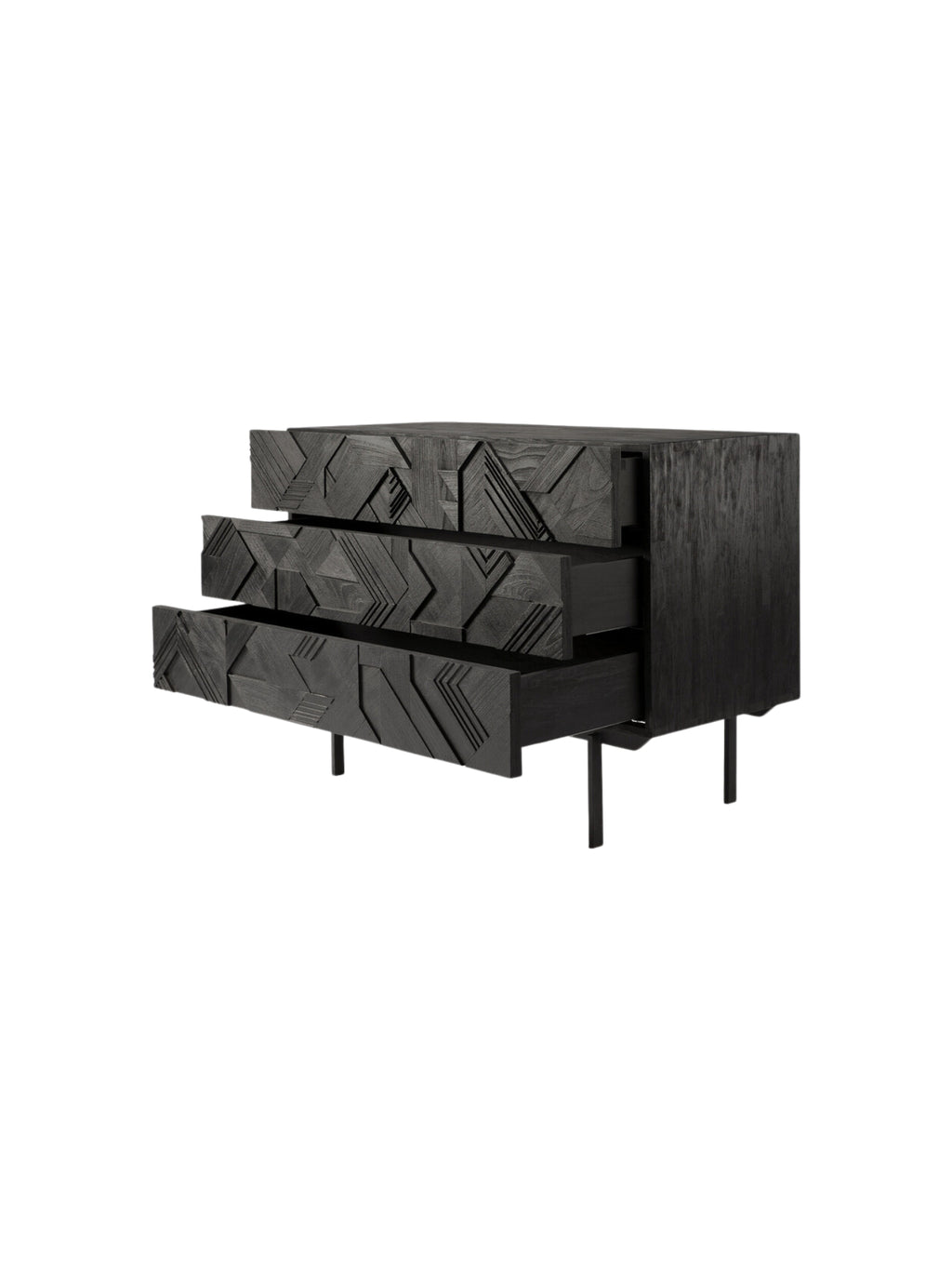 Ethnicraft Graphic Dresser, a contemporary black teak wood dresser with three drawers, two of which are partially open. The intricate geometric carved pattern on the drawer fronts adds a unique, artistic touch, displayed on a white background.