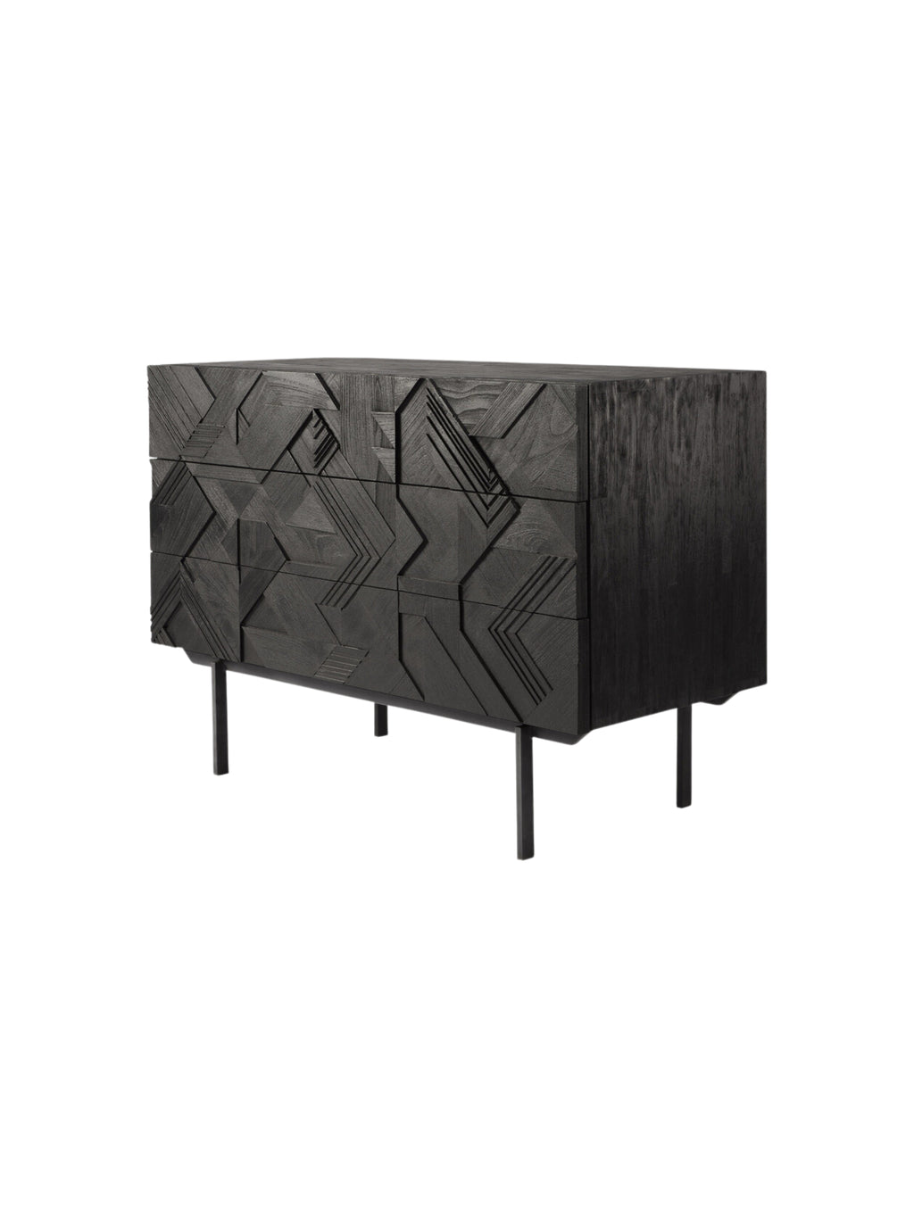 Ethnicraft Graphic Dresser, a side view of the elegant black teak wood dresser, featuring a bold geometric carved pattern on its three drawers. The modern design is elevated by sleek black metal legs, presented on a clean white background.