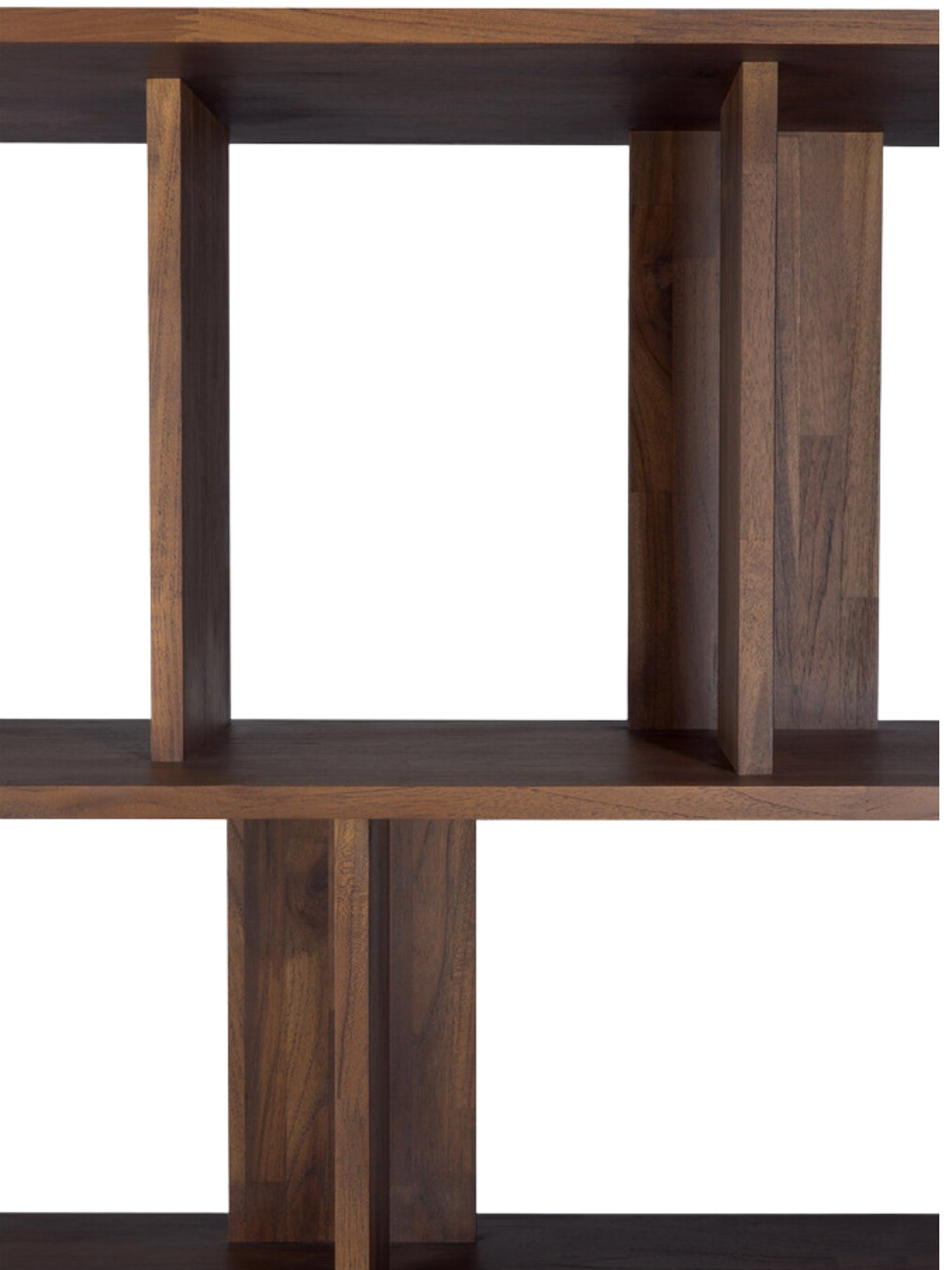 Ethnicraft Irregular Rack in Teak Brown, a detailed close-up of the dark teak wood shelves, emphasizing the beautiful grain and the precise, modern construction.