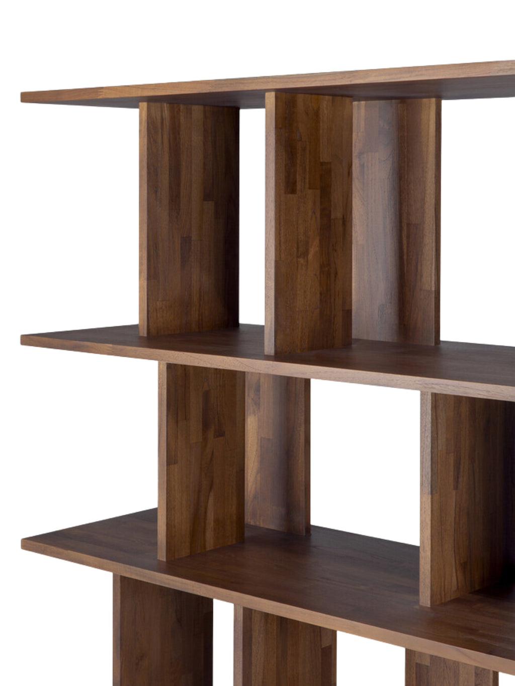 Ethnicraft Irregular Rack, an intimate detail shot revealing the beautiful grain and deep brown hue of the solid teak wood, focusing on the sophisticated, staggered shelf design and the quality craftsmanship of this modern storage solution, on white.