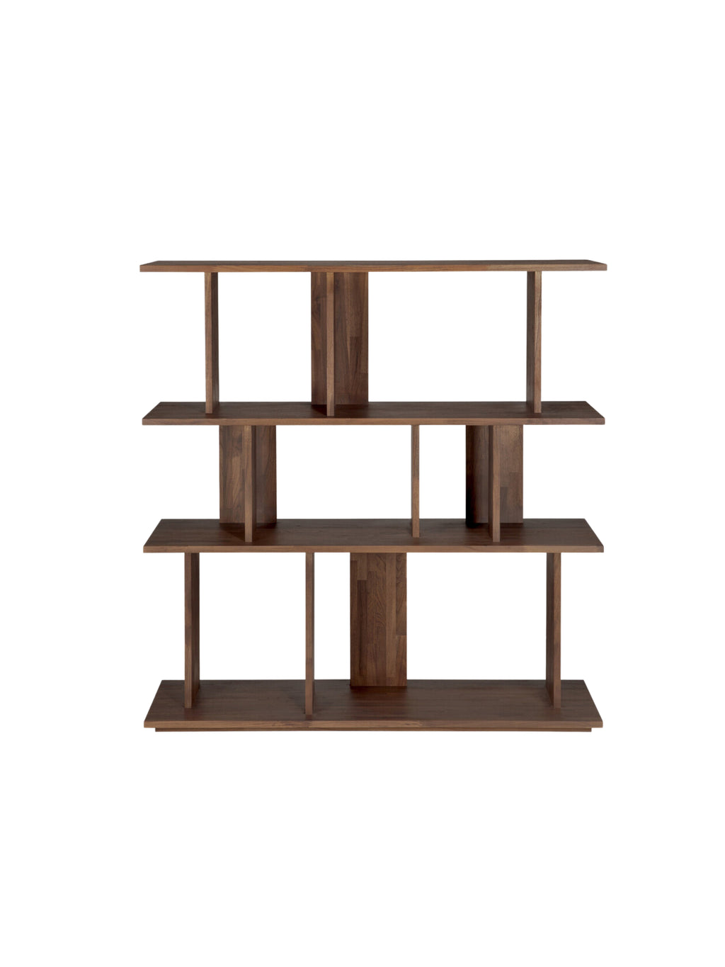 Ethnicraft Irregular Rack, a full front view of the elegant, dark brown solid teak wood shelving unit, highlighting its distinctive irregular shelf arrangement and clean lines, perfect for modern and minimalist interiors, displayed on a white background.