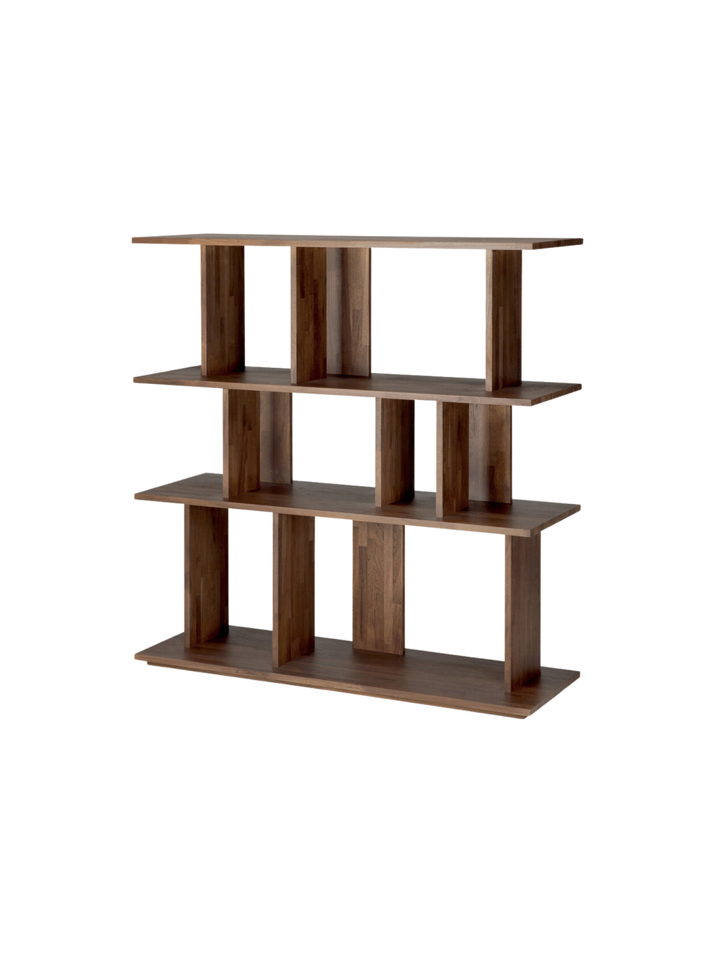 Ethnicraft Irregular Rack, a full side profile view of the modern, multi-tiered shelving unit crafted from rich brown solid teak wood, showcasing its unique, staggered design and robust construction, isolated on a crisp white background.