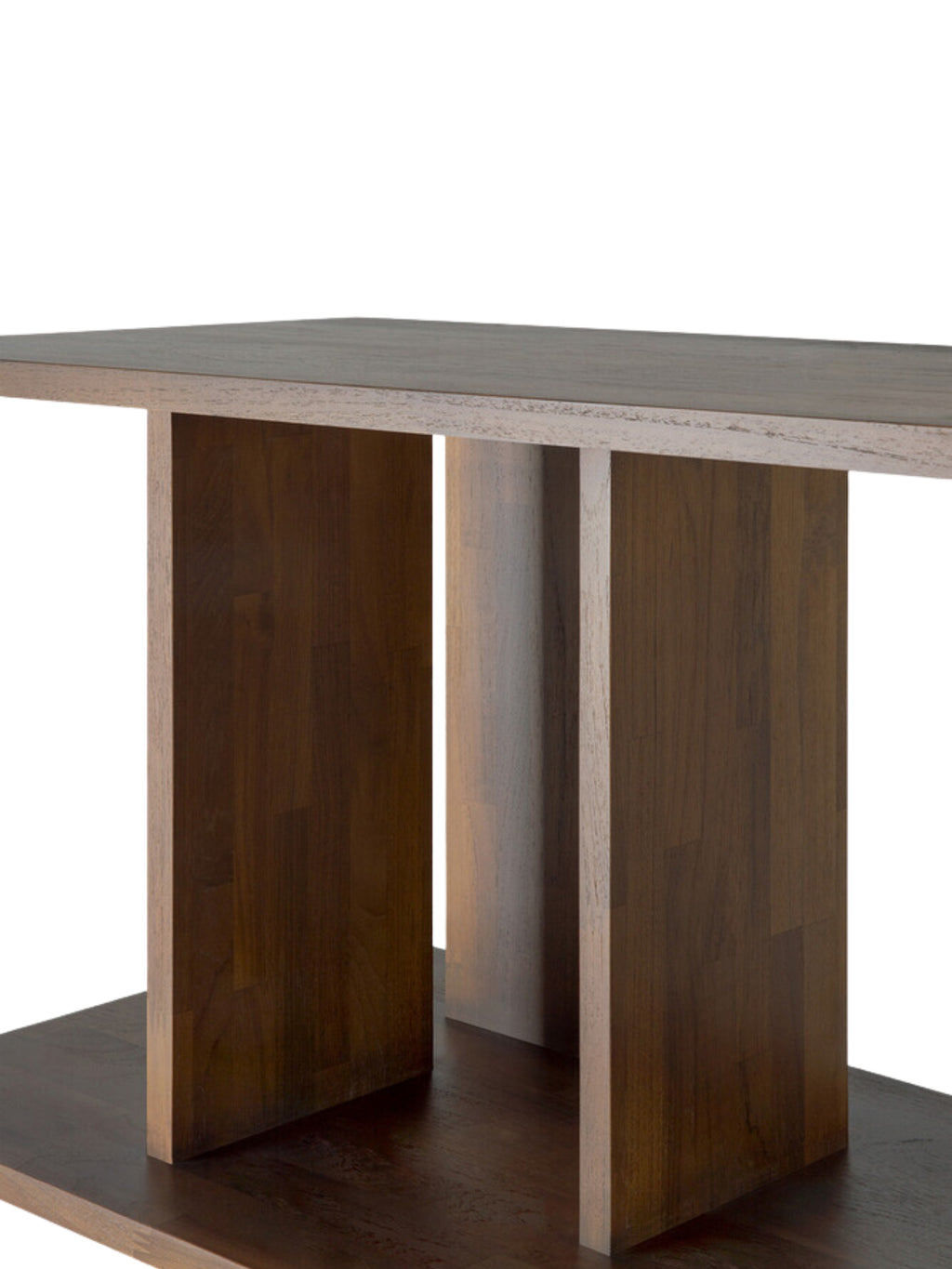 Ethnicraft Irregular Rack in Teak Brown, a detailed view of the vertical and horizontal dark teak wood panels, showcasing the unique, modern design and rich texture.