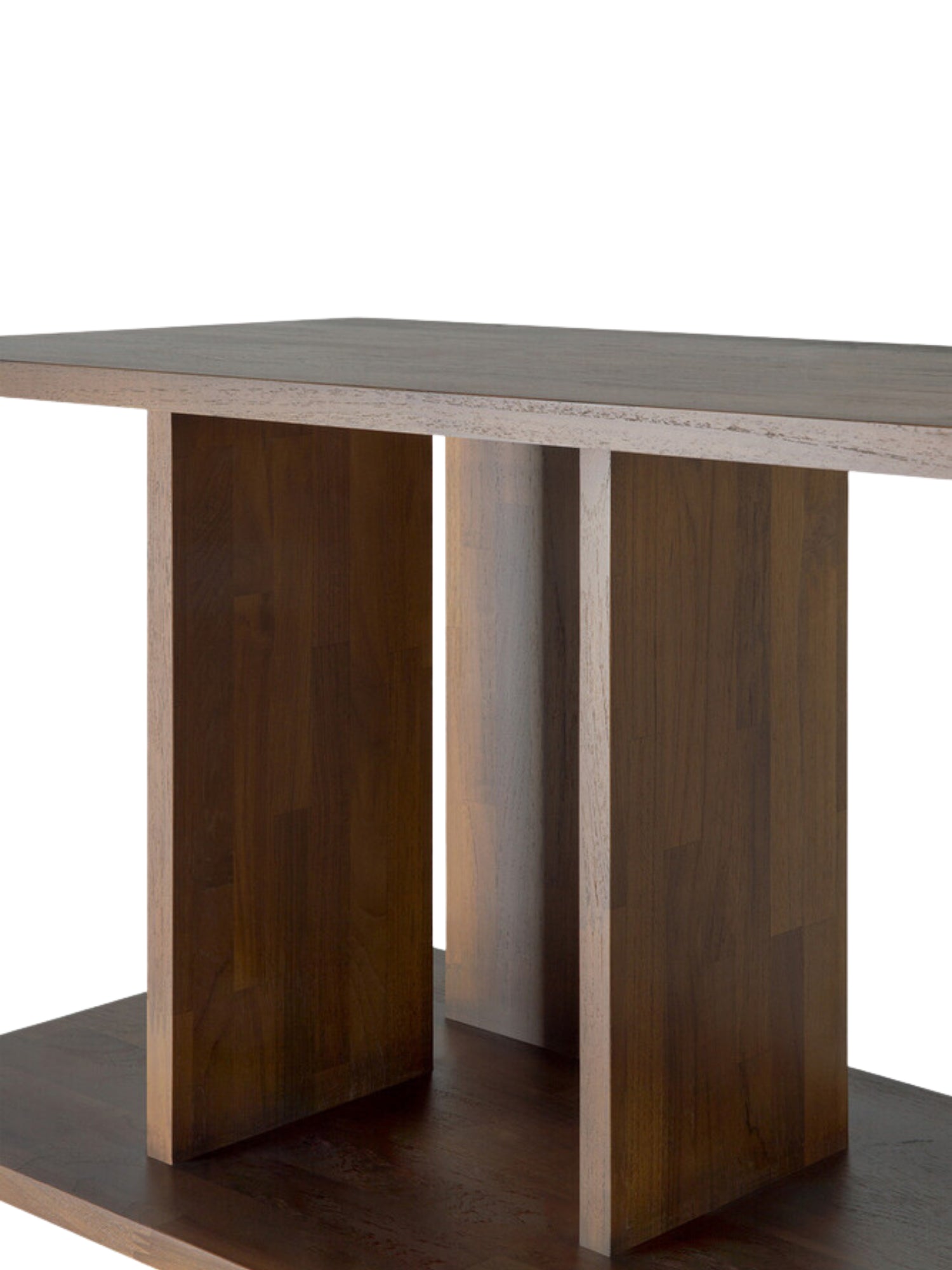 Ethnicraft Irregular Rack in Teak Brown, a detailed view of the vertical and horizontal dark teak wood panels, showcasing the unique, modern design and rich texture.