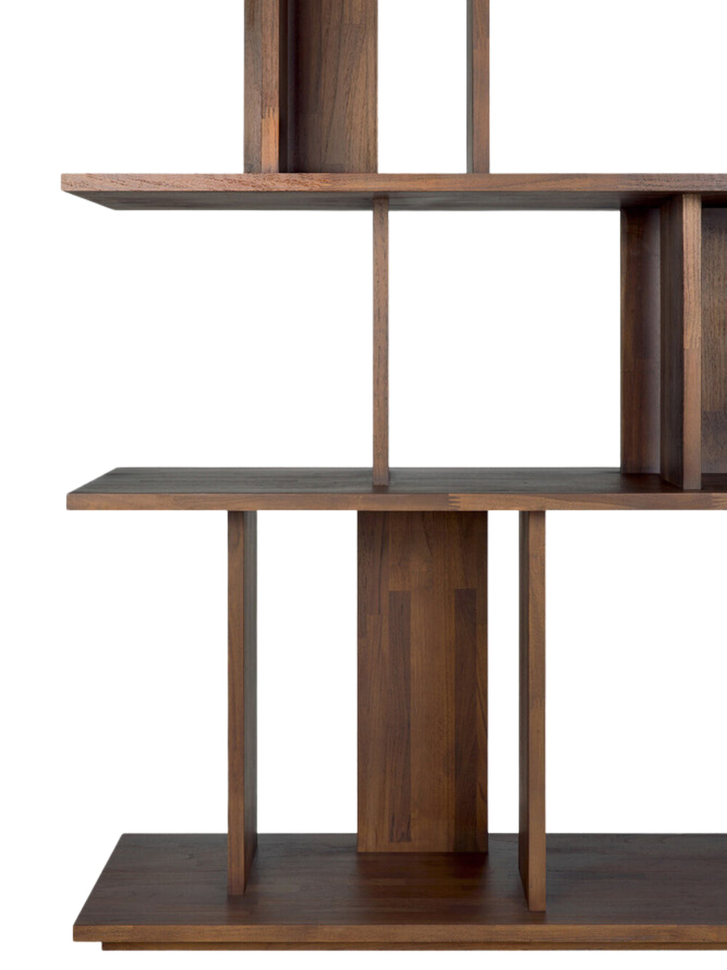 Ethnicraft Irregular Rack in Teak Brown, a detailed side view emphasizing the unique, staggered shelf design and the smooth, polished finish of the dark teak wood.