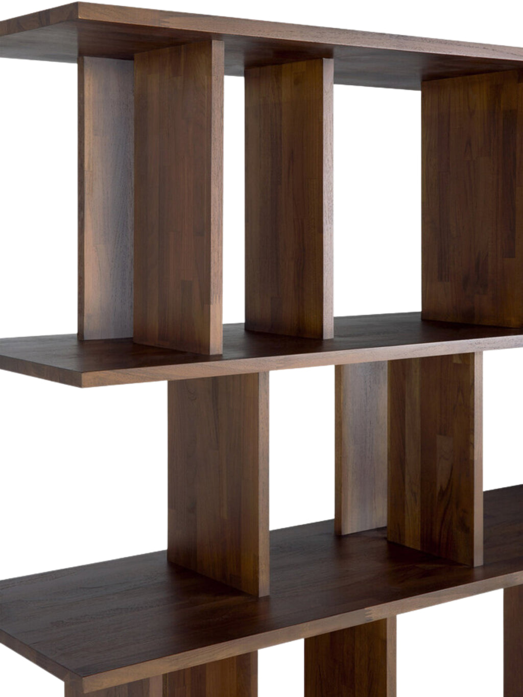 Ethnicraft Irregular Rack in Teak Brown, a close-up detail of the rich, dark brown teak wood grain and the intricate, irregular shelving structure, displayed on white.