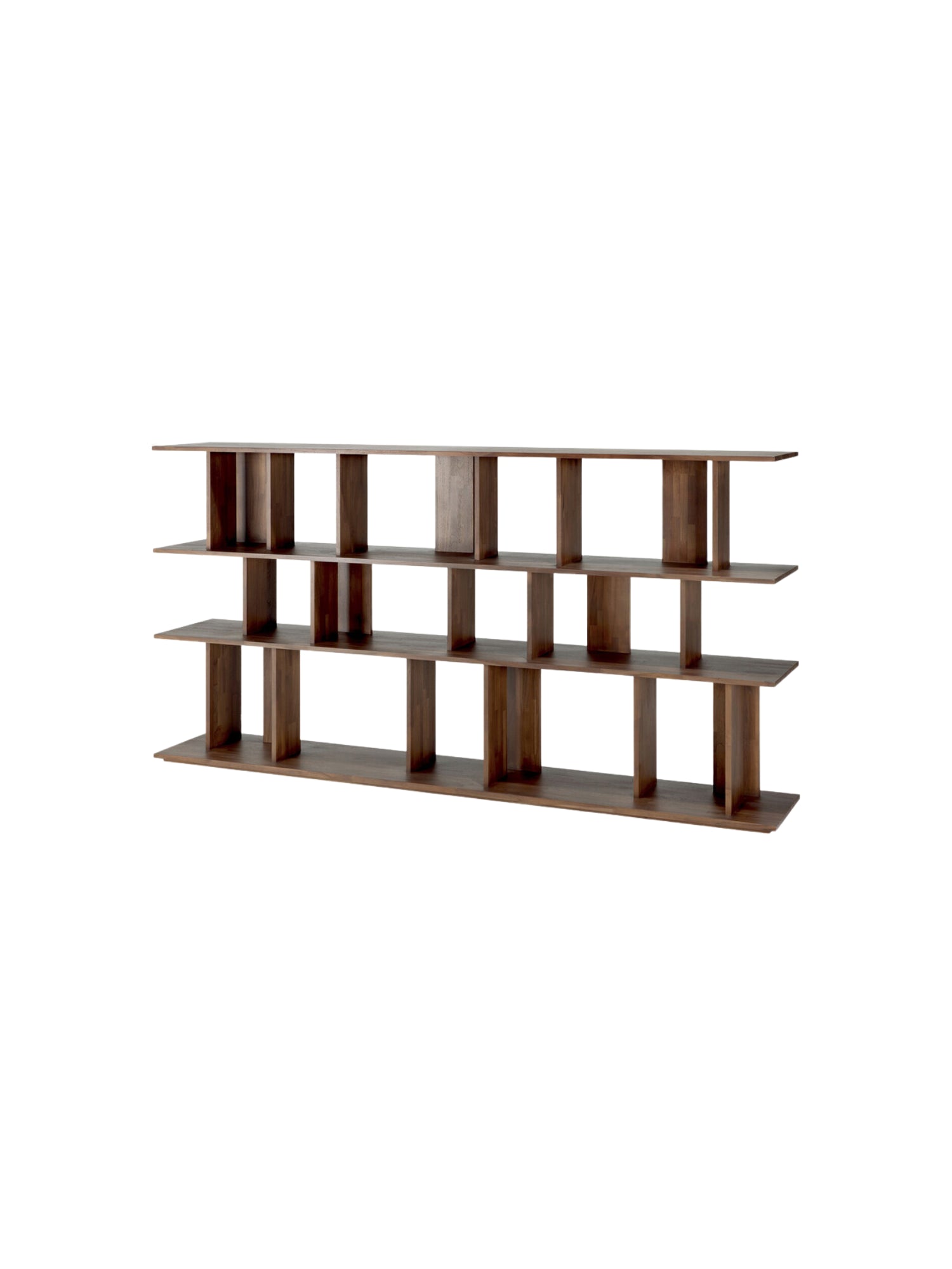 Ethnicraft Irregular Rack in Teak Brown, a modern and minimalist wooden shelving unit with a unique, asymmetrical design, presented on a stark white background.