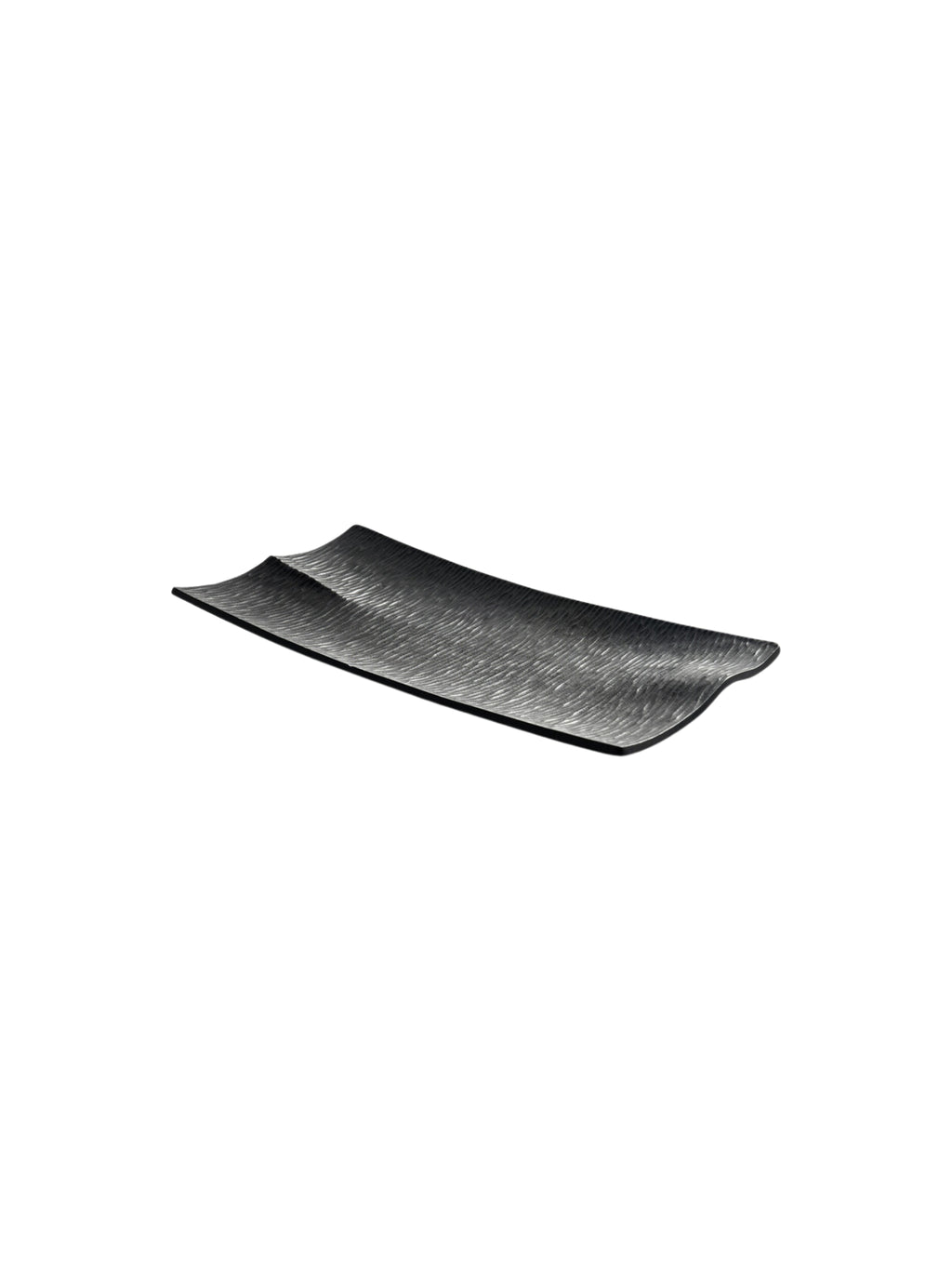Ethnicraft Japan Board, a rectangular black serving board with a distinctive textured, wave-like pattern, viewed from a slight angle. Its minimalist yet elegant design and dark finish make it a versatile piece, presented on a clean white background.