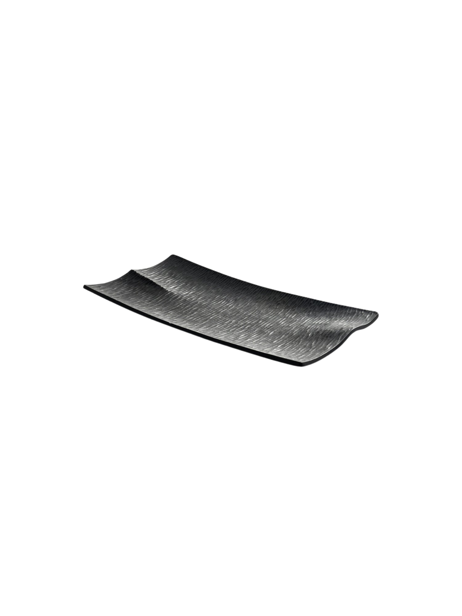 Ethnicraft Japan Board, a rectangular black serving board with a distinctive textured, wave-like pattern, viewed from a slight angle. Its minimalist yet elegant design and dark finish make it a versatile piece, presented on a clean white background.