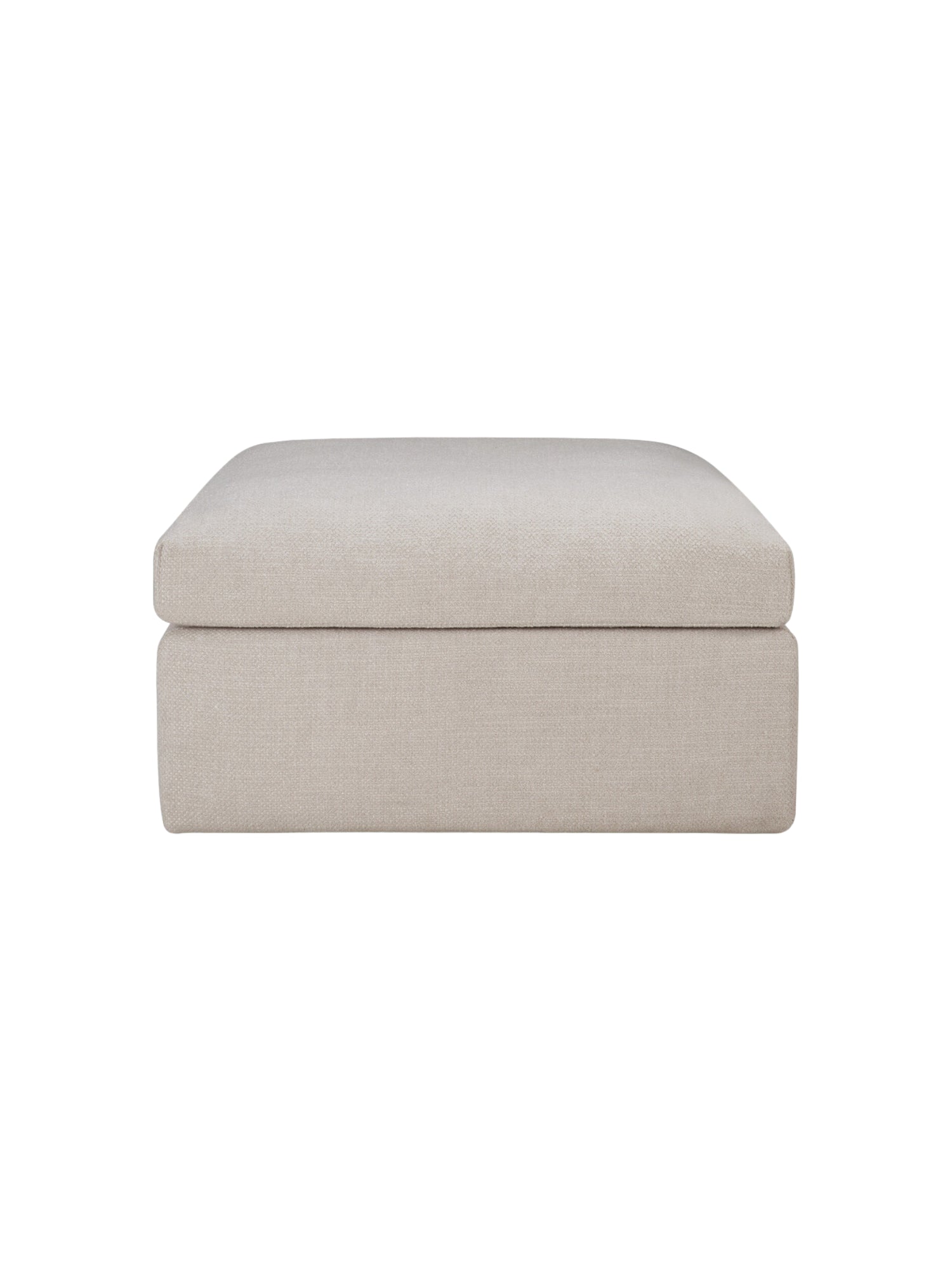 Ethnicraft Mellow Modular Sofa footstool, a front view of the generously padded, rectangular ottoman in a sophisticated light beige textured fabric, on a white background.