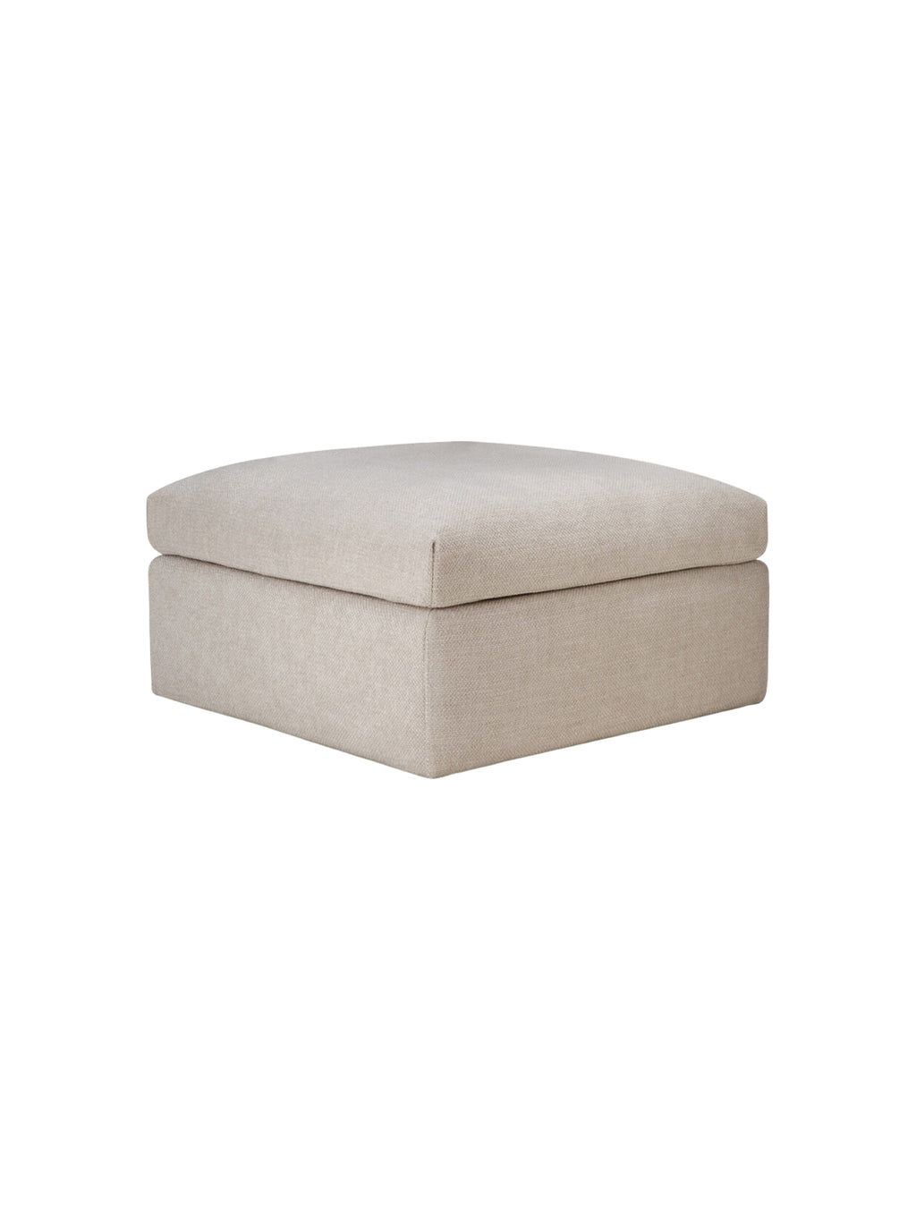 Ethnicraft Mellow Modular Sofa footstool, a plush, rectangular ottoman upholstered in a durable light beige textured fabric, presented on a clean white background.
