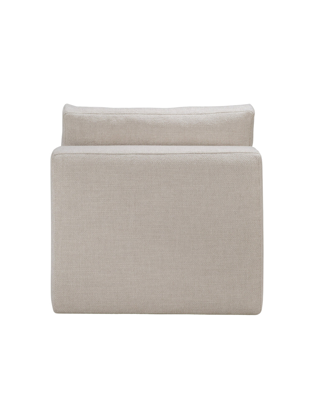 Ethnicraft Mellow Modular Sofa 1-seater, back view, revealing the clean, seamless lines and robust construction. The light beige, finely woven fabric ensures durability and a sophisticated look, displayed on a white background.