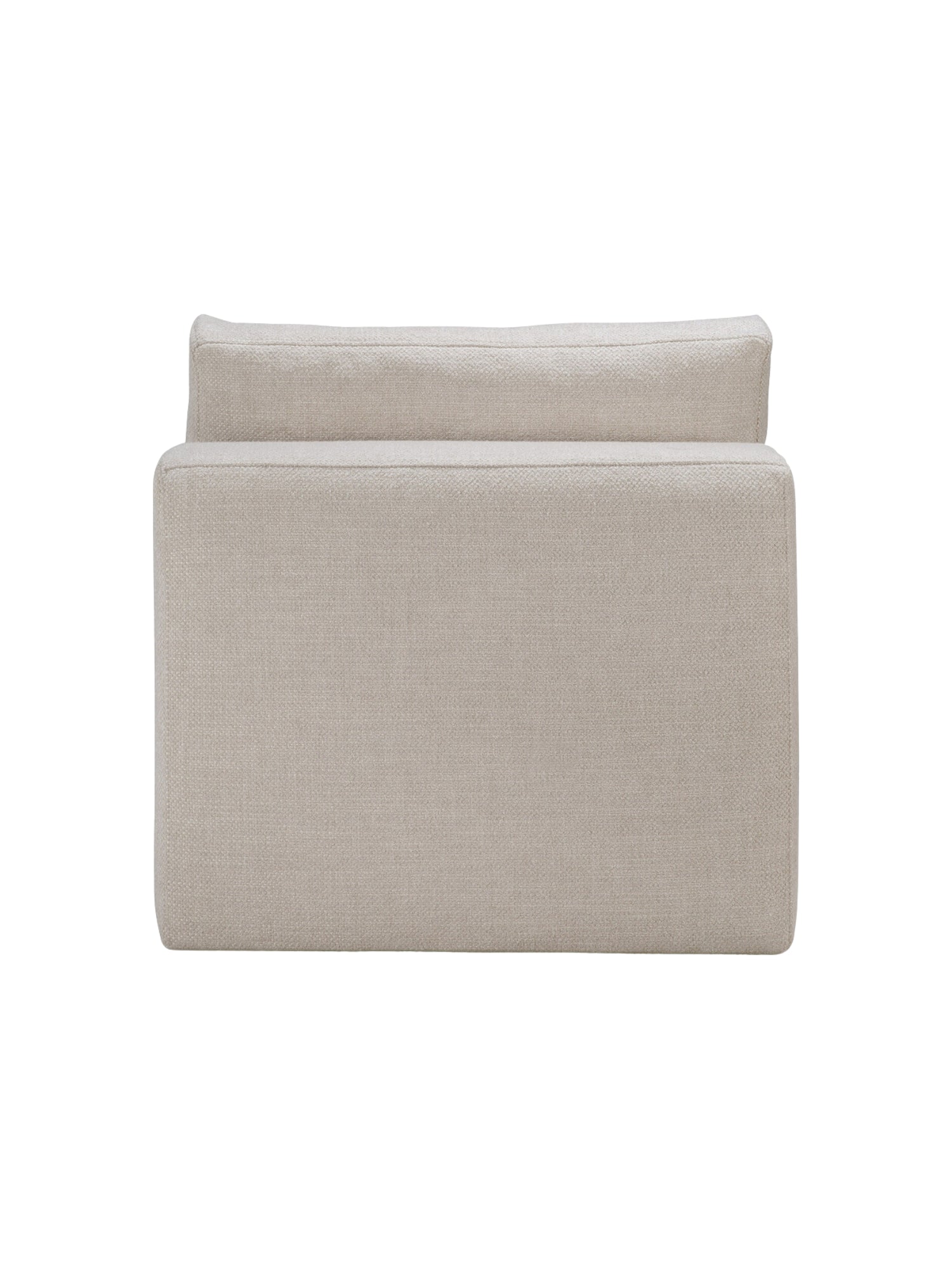 Ethnicraft Mellow Modular Sofa 1-seater, back view, revealing the clean, seamless lines and robust construction. The light beige, finely woven fabric ensures durability and a sophisticated look, displayed on a white background.
