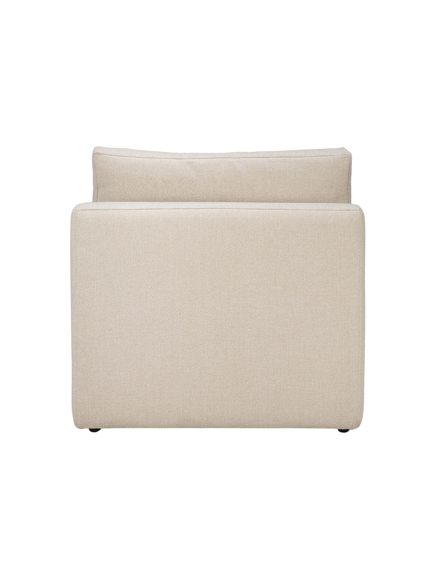 Ethnicraft Mellow Modular Sofa 1-seater, shown from the back. This elegant single module features a consistent light beige, finely textured fabric across its entire surface, with a plush back cushion and a solid, minimalist design, displayed on a white background.