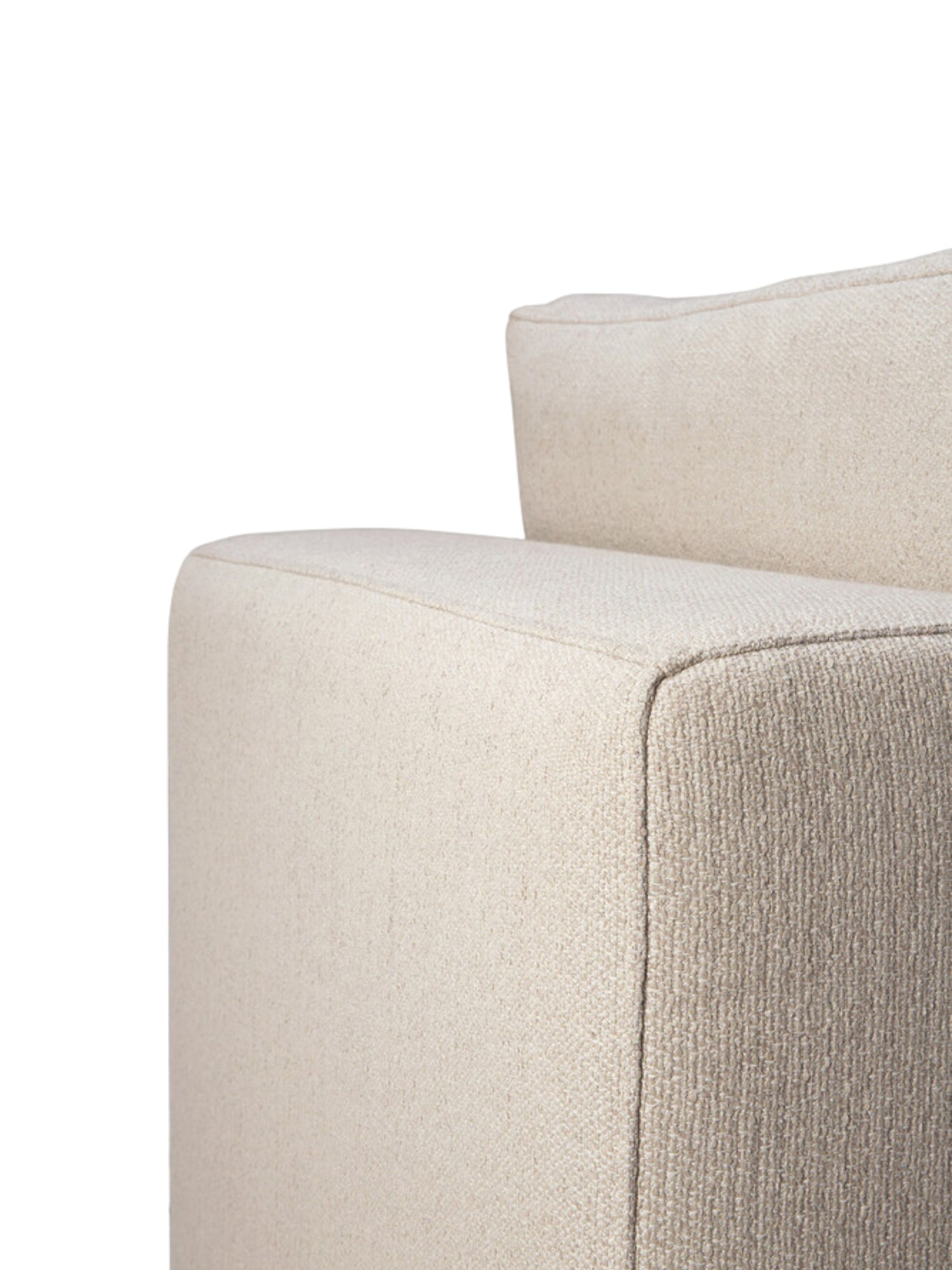 Ethnicraft Mellow Modular Sofa 1-seater, a close-up detail shot of the corner and armrest. The durable, light beige textured fabric and precise stitching emphasize the sofa's high-quality craftsmanship and modern, clean-lined aesthetic, displayed on a white background.