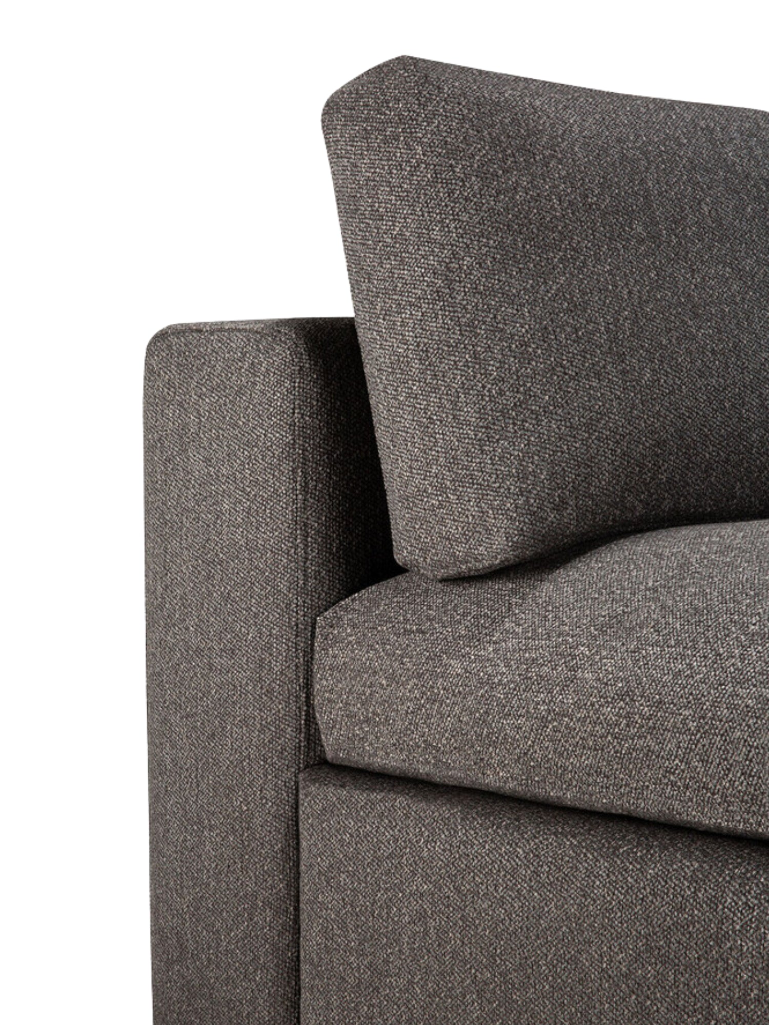 Ethnicraft Mellow Modular Sofa, 1-Seater. Detailed close-up of the luxurious dark grey textured fabric, showcasing the premium weave and plush cushioning on a crisp white background.