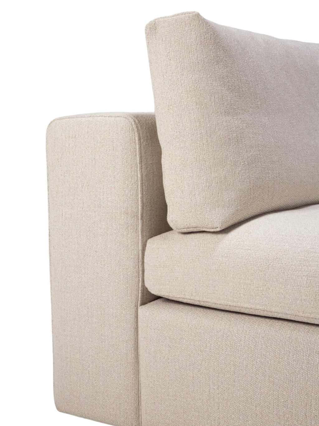 Ethnicraft Mellow Modular Sofa 1-seater, a detailed close-up of the armrest and seat. The premium light beige, woven fabric shows its subtle texture, highlighting the sofa's robust construction and soft, inviting cushions, displayed on a white background.