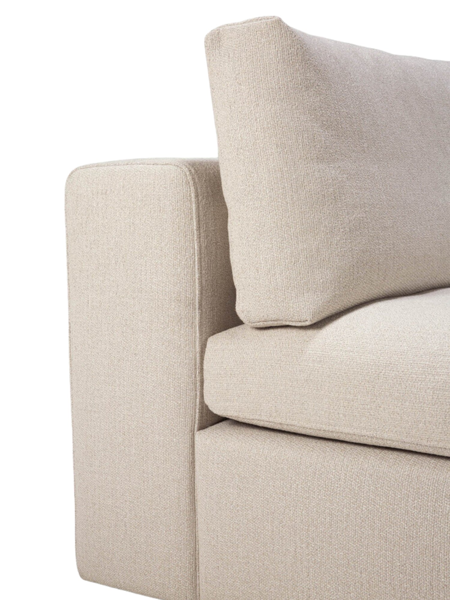 Ethnicraft Mellow Modular Sofa 1-seater, a detailed close-up of the armrest and seat. The premium light beige, woven fabric shows its subtle texture, highlighting the sofa's robust construction and soft, inviting cushions, displayed on a white background.