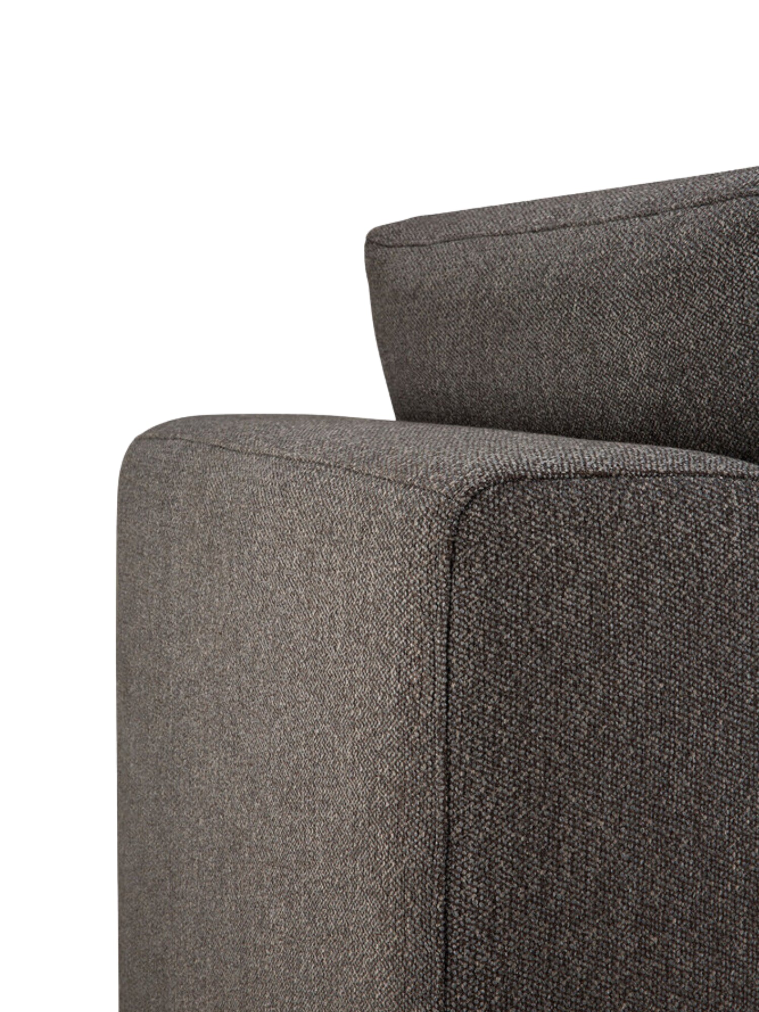 Ethnicraft Mellow Modular Sofa 1-Seater, detail of the armrest and back. The premium dark gray textured fabric with precise stitching showcases the sofa's modern design and exceptional craftsmanship, on white.