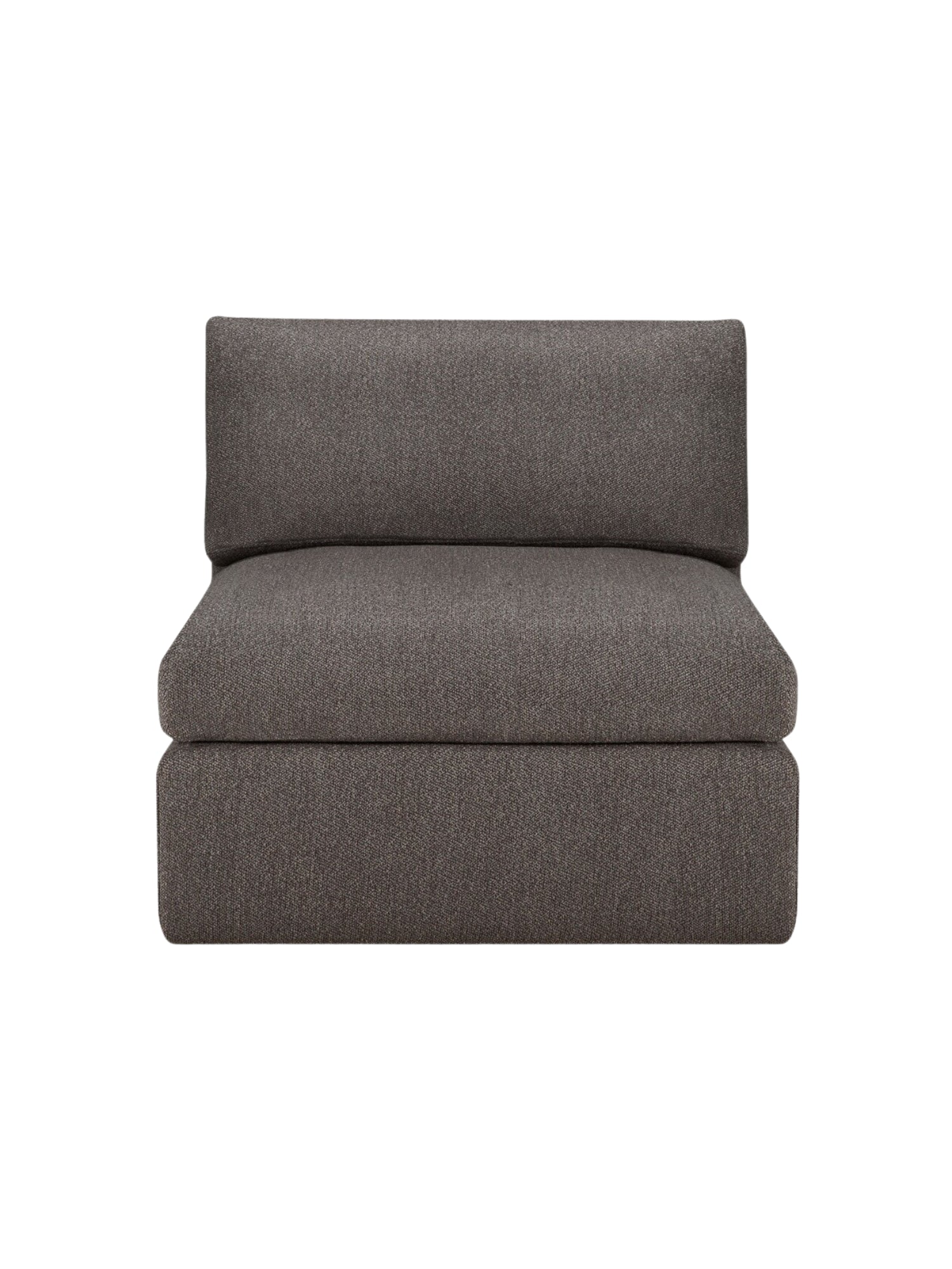 Ethnicraft Mellow Modular Sofa, 1-Seater. Frontal view of the stylish dark grey modular sofa, showcasing its generous seating and inviting, soft fabric texture on a white background.
