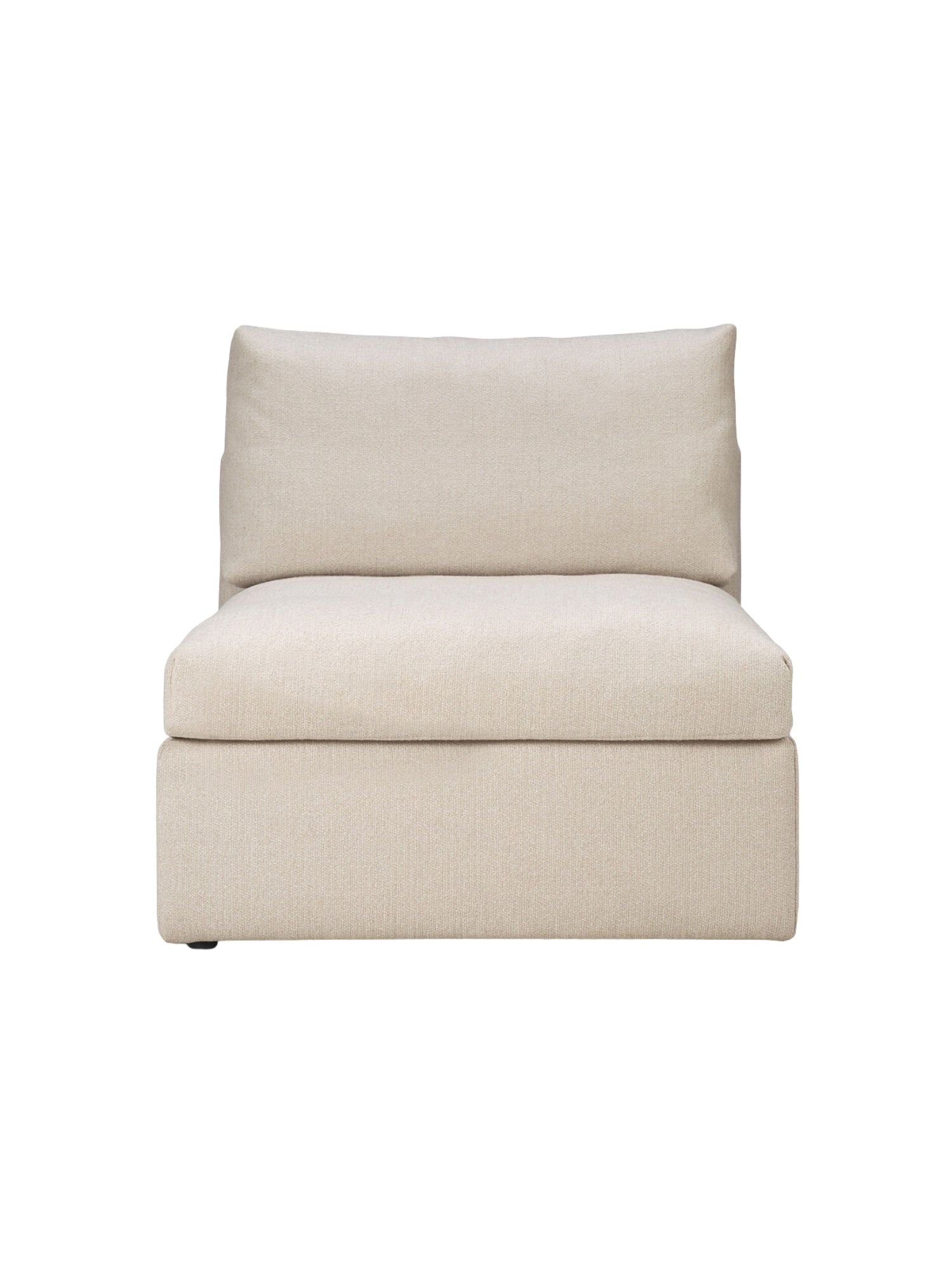 Ethnicraft Mellow Modular Sofa 1-seater, presented front-on. This elegant, single-module piece boasts a light beige, finely textured fabric, with a plush back cushion and a sturdy, minimalist base, displayed on a clean white background.
