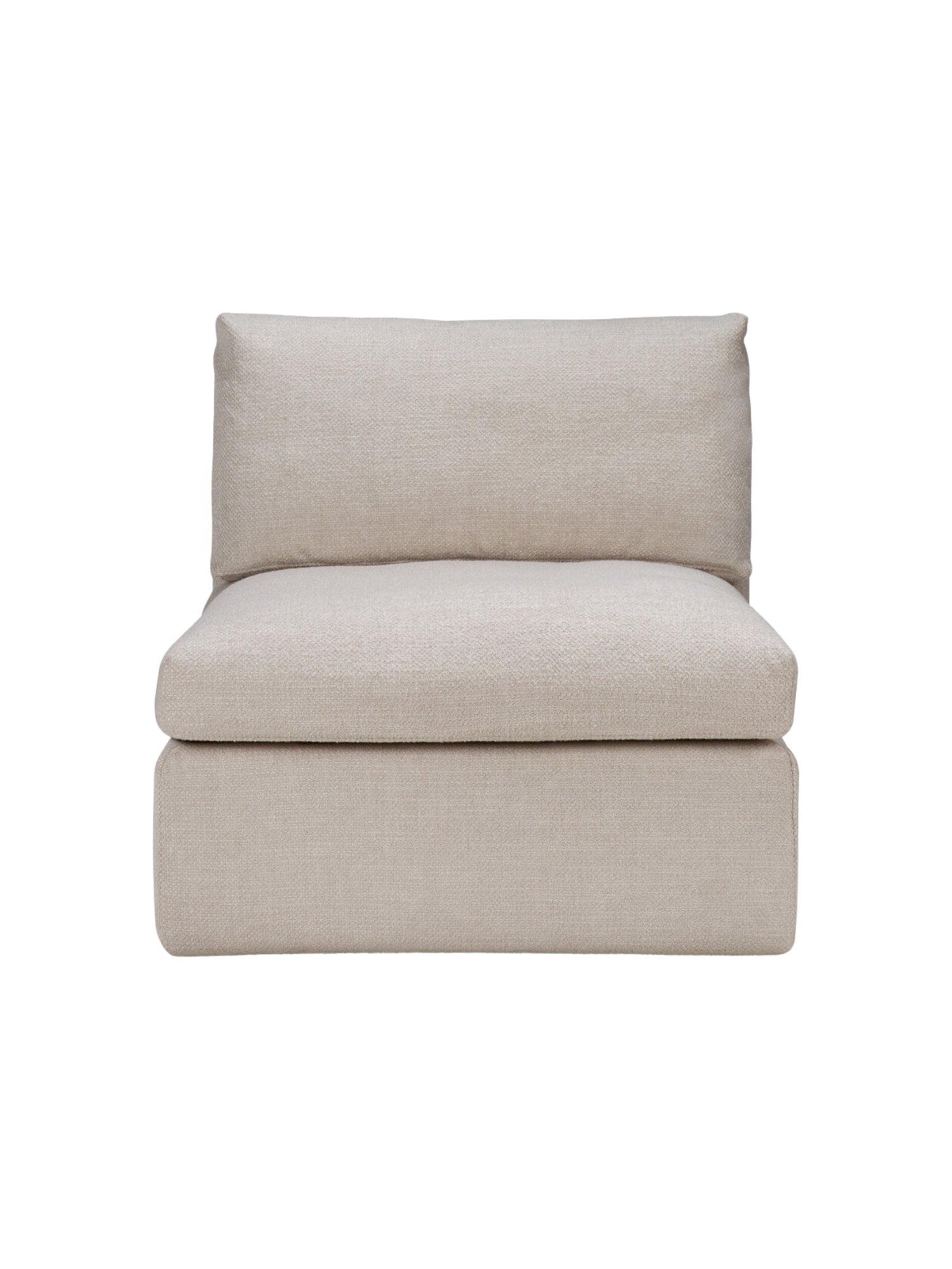 Ethnicraft Mellow Modular Sofa 1-seater, front view, displaying its inviting, plush cushions and contemporary design. Upholstered in a light beige, textured fabric, perfect for a minimalist living space, on a white background.