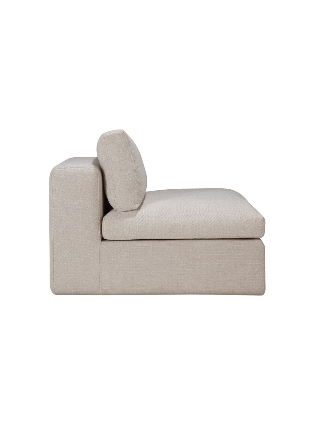 Ethnicraft Mellow Modular Sofa 1-seater, right side view, featuring a single back cushion and a low-profile, modern silhouette. The elegant light beige fabric adds warmth and sophistication, presented on a white background.