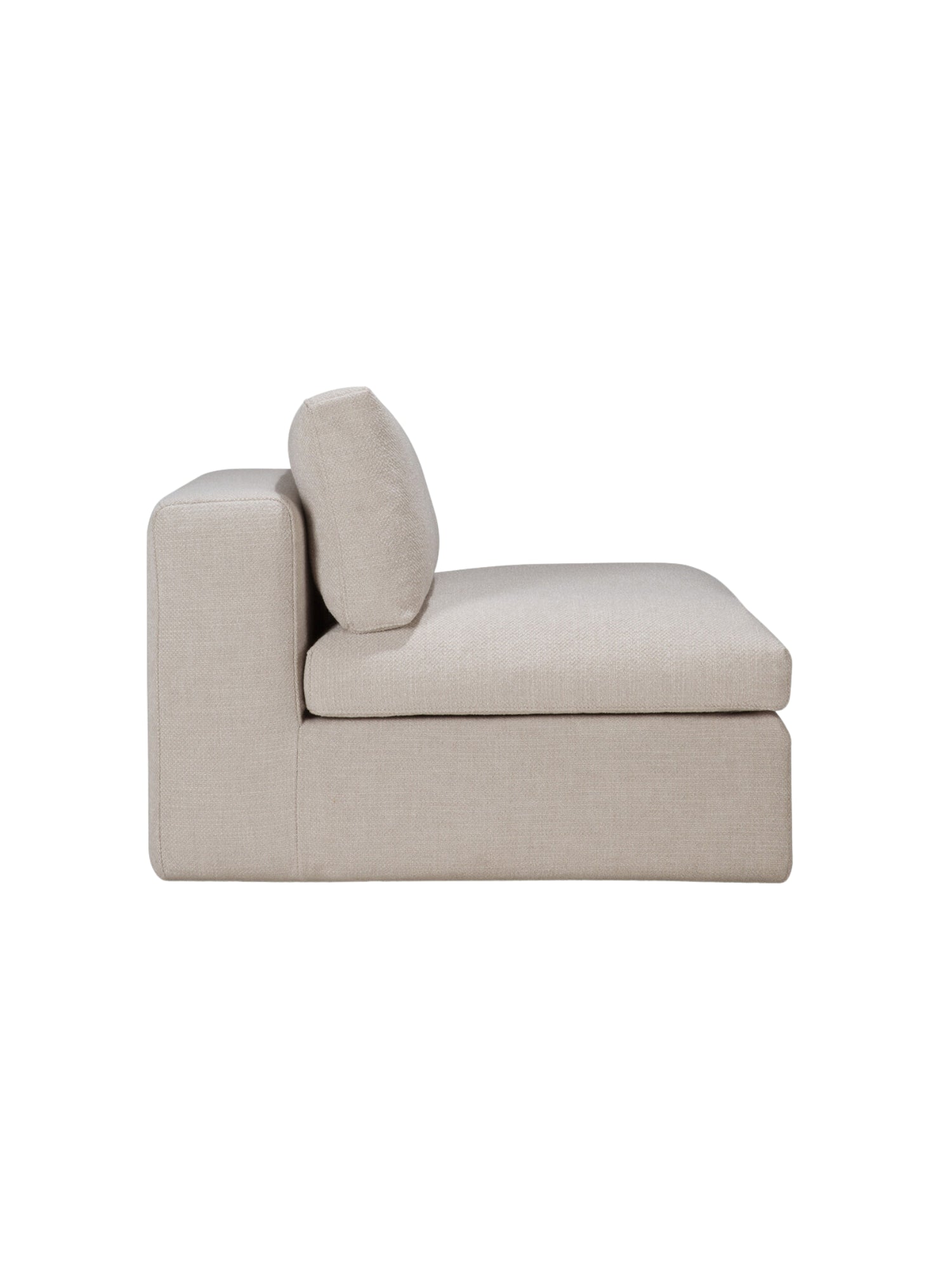 Ethnicraft Mellow Modular Sofa 1-seater, right side view, featuring a single back cushion and a low-profile, modern silhouette. The elegant light beige fabric adds warmth and sophistication, presented on a white background.