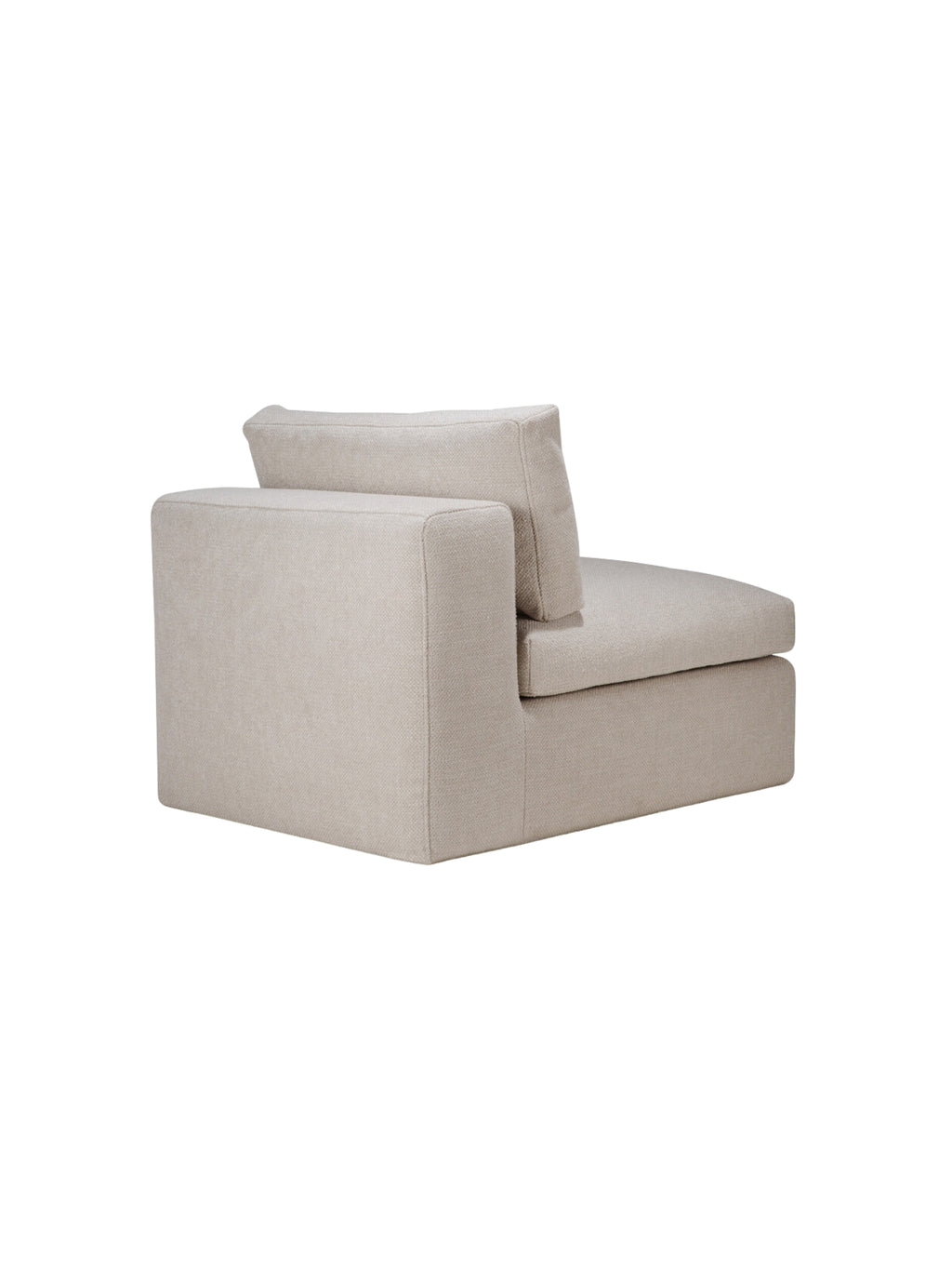Ethnicraft Mellow Modular Sofa 1-seater, side view, highlighting the contemporary, armless design. The light beige, textured fabric and plush cushioning offer a sleek, comfortable aesthetic, displayed on a white background.