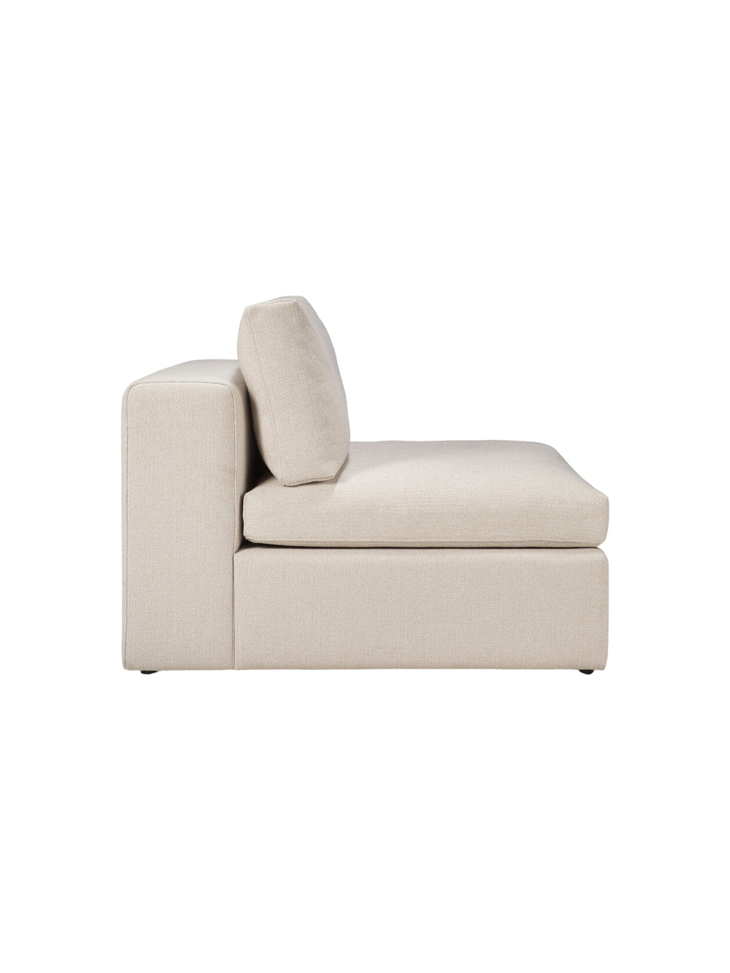 Ethnicraft Mellow Modular Sofa 1-seater, side view. This elegant, light beige fabric sofa features a plush seat and back cushion, showcasing its clean lines and modern, minimalist design, displayed on a crisp white background.