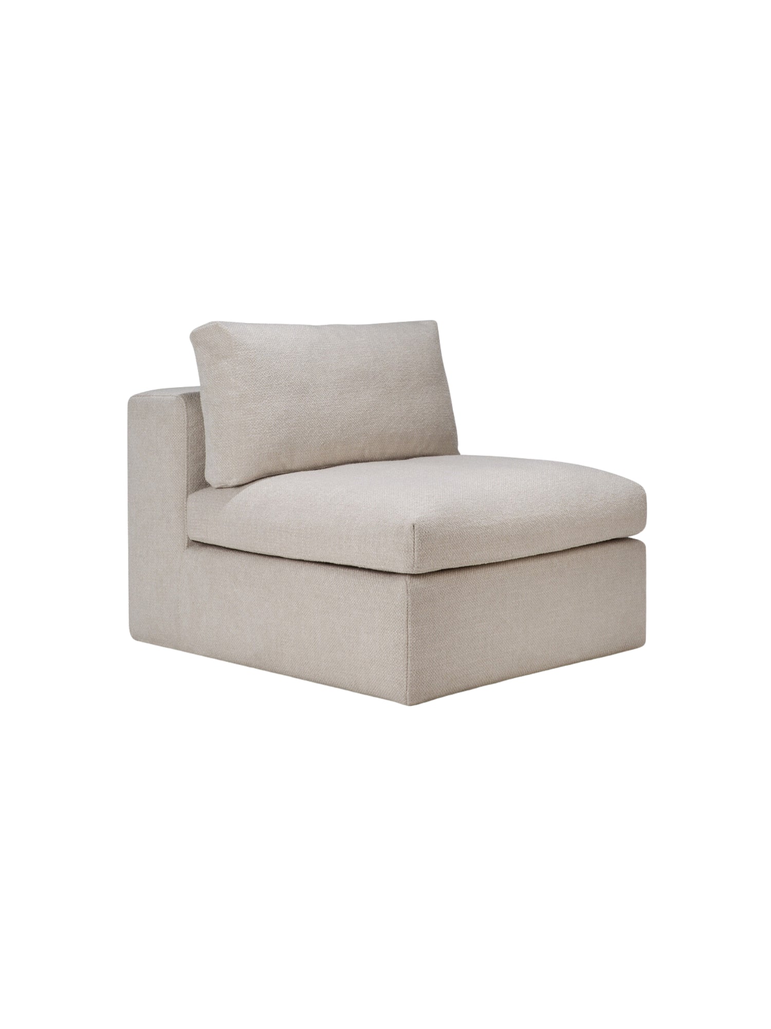 Ethnicraft Mellow Modular Sofa 1-seater, side view, showcasing its compact yet comfortable design. Upholstered in a light beige, woven fabric with a single back cushion, presented on a clean white background.