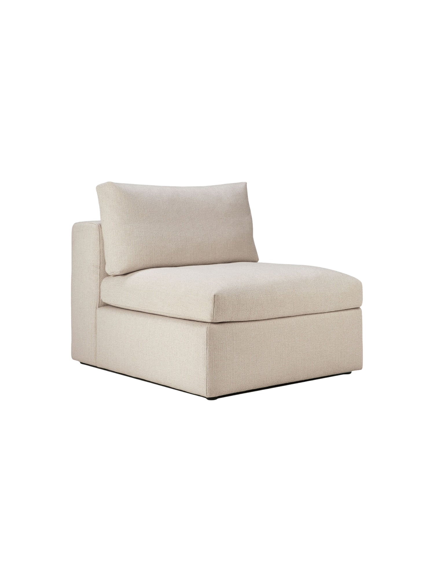 Ethnicraft Mellow Modular Sofa 1-seater, viewed from a slightly different side angle. This elegant single module showcases its generous proportions and soft, light beige textured fabric, with a comfortable back cushion and a sturdy, contemporary base, displayed on a white background.
