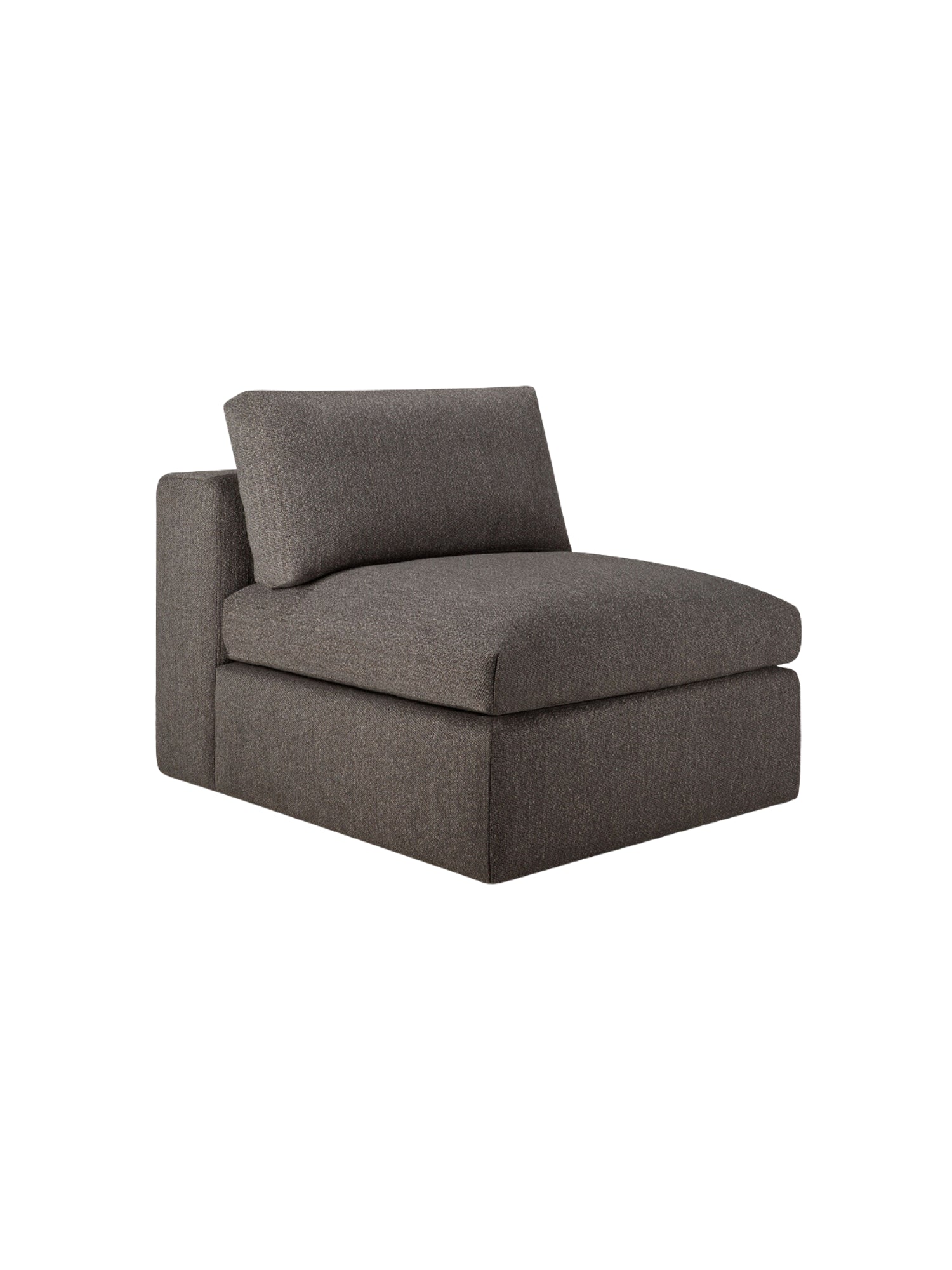 Ethnicraft Mellow Modular Sofa, 1-Seater. Elegant side view of the dark grey modular sofa, featuring its deep seating and contemporary low-profile design on a clean white background.
