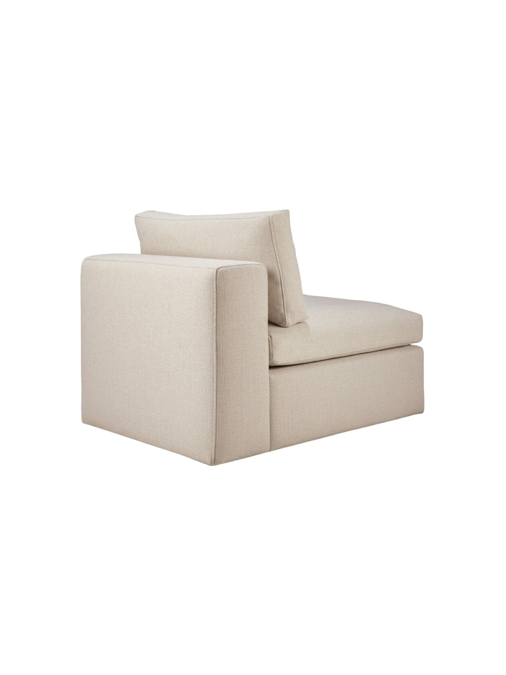 Ethnicraft Mellow Modular Sofa 1-seater, viewed from a side angle. This modern single module features a plush back cushion and a deep seat, all upholstered in a durable, light beige textured fabric, highlighting its clean lines and comfortable design, displayed on a white background.