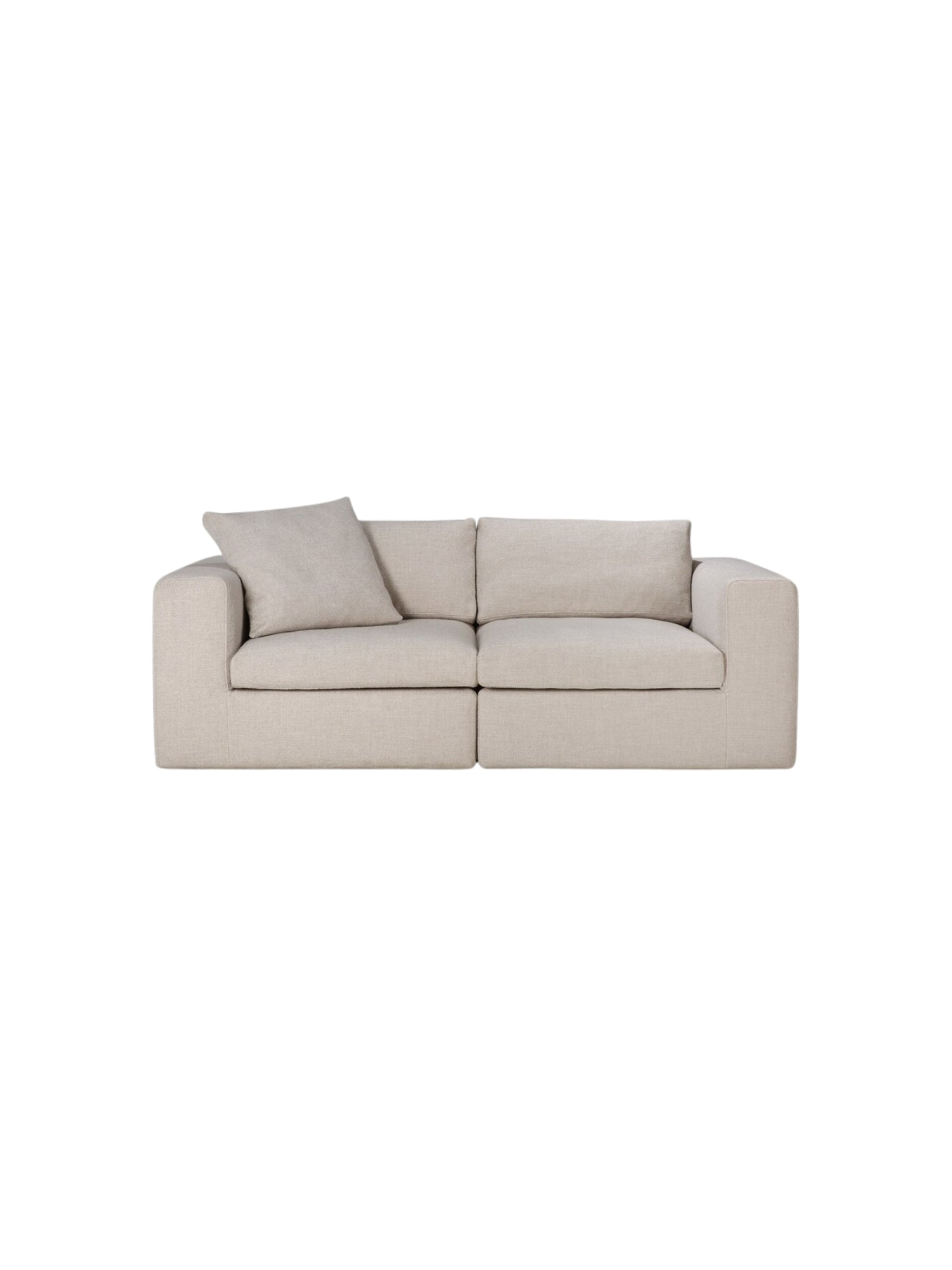 Ethnicraft Mellow Modular Sofa 2-seater, front view, in a light beige, textured fabric. This modern, minimalist design features clean lines and a plush, inviting appearance, displayed on a crisp white background.