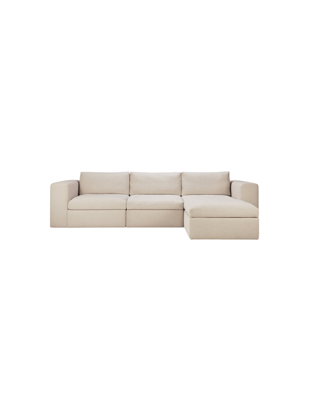 Ethnicraft Mellow Modular Sofa 3-seater, a full view showcasing its expansive design. This elegant sofa features three distinct modules, including a chaise lounge, all upholstered in a premium light beige textured fabric, displayed on a clean white background.