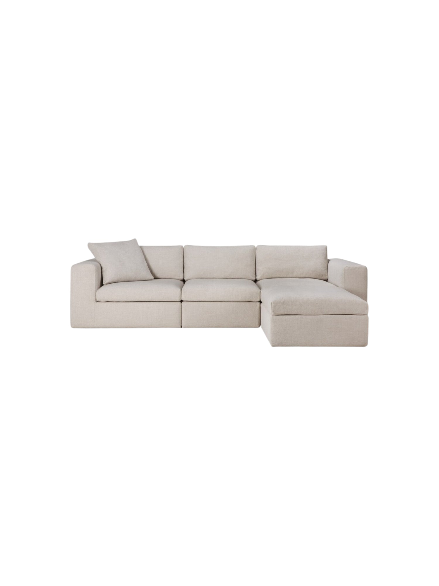 Ethnicraft Mellow Modular Sofa 3-seater, front view, showcasing the full length of this elegant, versatile piece with its soft, textured beige fabric, perfect for modern homes.
