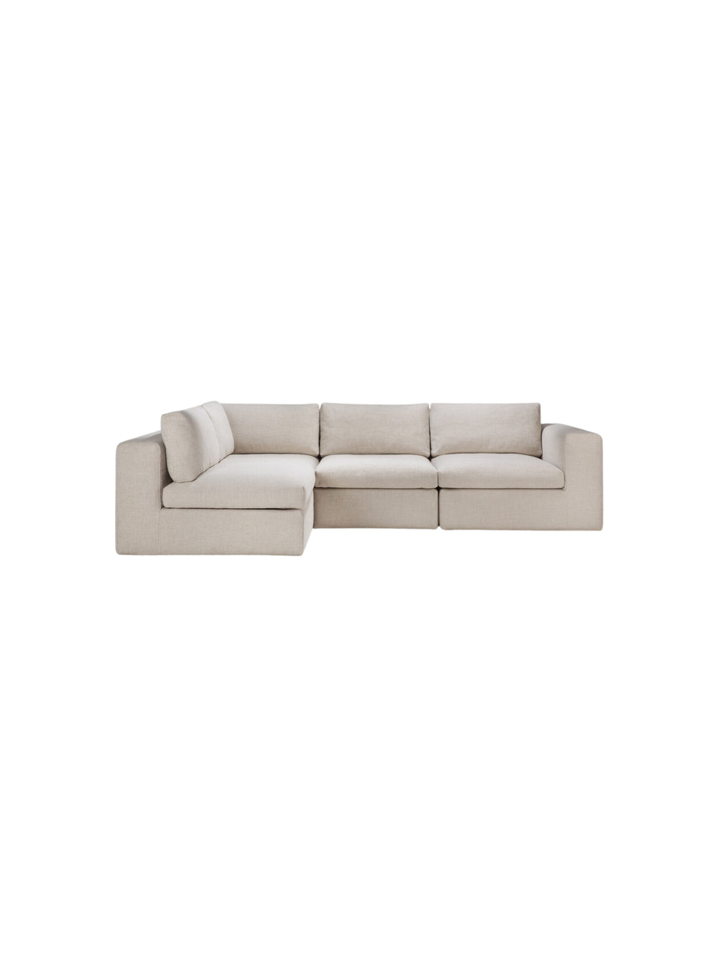 Ethnicraft Mellow Modular Sofa 3-seater, front view, displaying its elegant, low-profile design with plush, textured beige fabric and comfortable seating, against a white background.