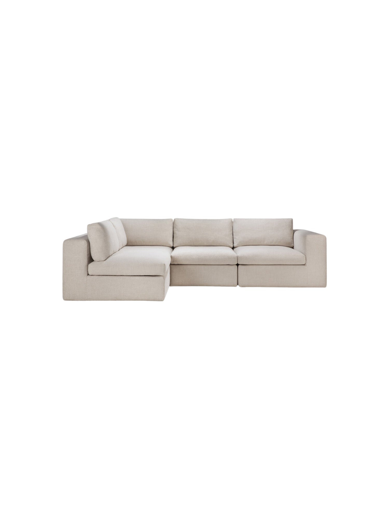 Ethnicraft Mellow Modular Sofa 3-seater, front view, displaying its elegant, low-profile design with plush, textured beige fabric and comfortable seating, against a white background.