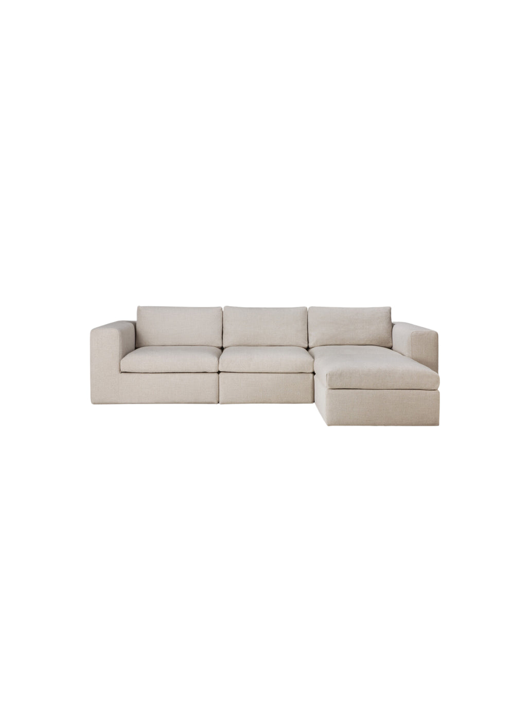 Ethnicraft Mellow Modular Sofa 3-seater, front view, displaying its luxurious, textured beige fabric and contemporary, clean-lined design, offering exceptional comfort and style.