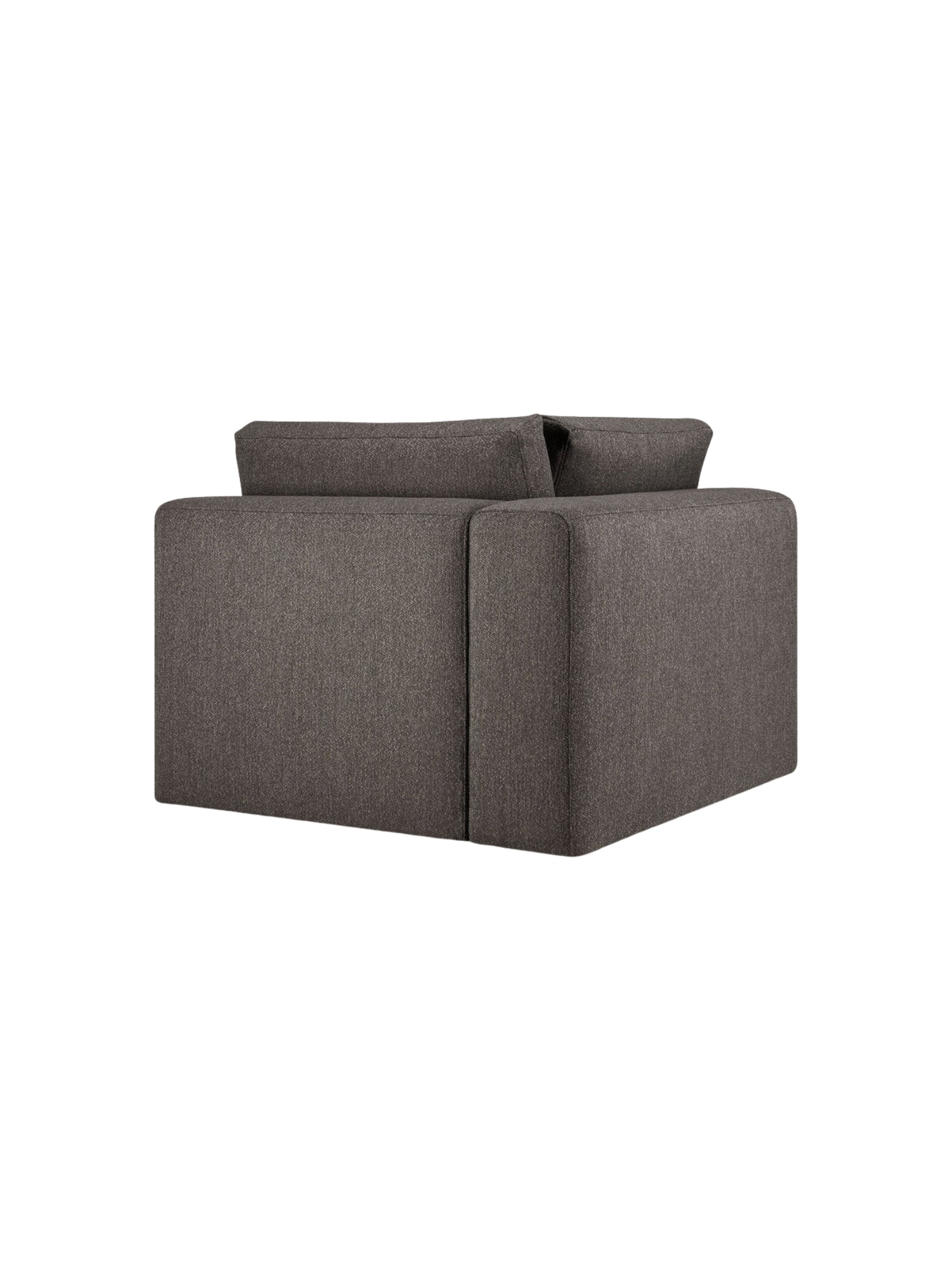 Ethnicraft Mellow Modular Sofa 90° Square Corner, back view. This versatile, modern corner module in dark gray textured fabric offers a clean, streamlined profile, perfect for flexible living spaces, on white.