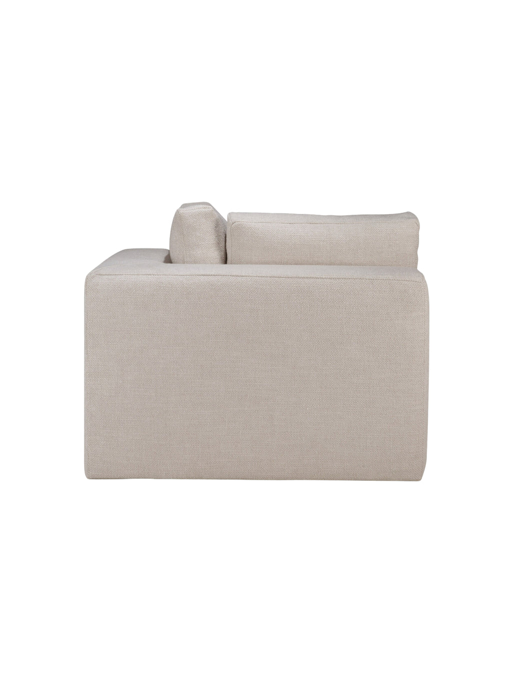 Ethnicraft Mellow Modular Sofa 90-degree square corner back, highlighting its premium, minimalist aesthetic with soft, textured beige upholstery, presented on a white background.